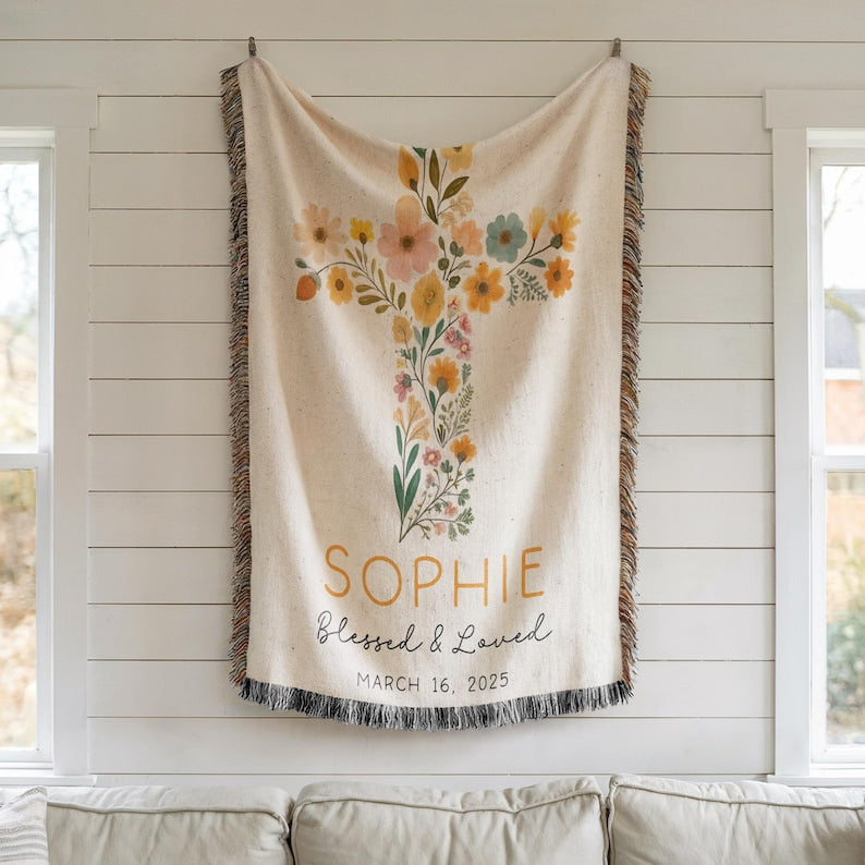 Personalized Baptism Baby Floral Woven Blanket, Baptism Christening Blanket, Woven Baby Blanket with Floral Cross, Baptism Floral Cross Baby Gift WBLAF23