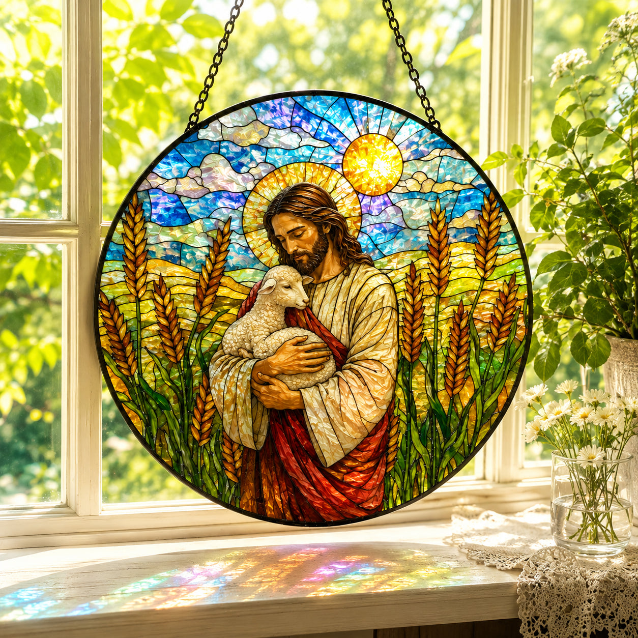 Jesus Holding Lamb Stained Glass Suncatcher – Good Shepherd Christian Window Decor, Religious Gift for Believers GLASS23