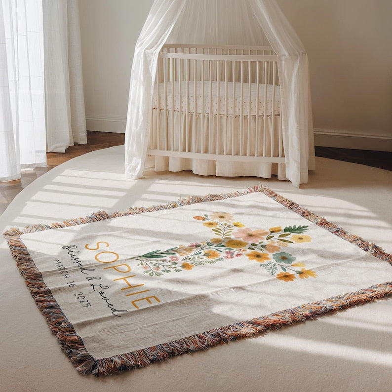 Personalized Baptism Baby Floral Woven Blanket, Baptism Christening Blanket, Woven Baby Blanket with Floral Cross, Baptism Floral Cross Baby Gift WBLAF23