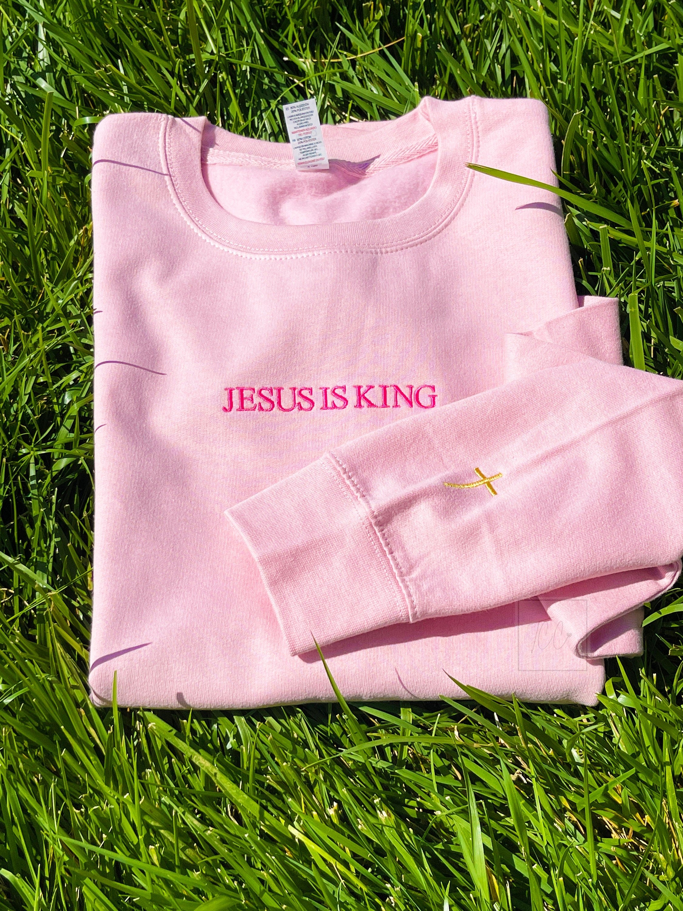 Jesus is King Sweatshirt, Christian Embroidered Sweatshirt, Cross on Sleeve, Bible Hoodie, Religious Gift, Gift for Him, Gift for Her
