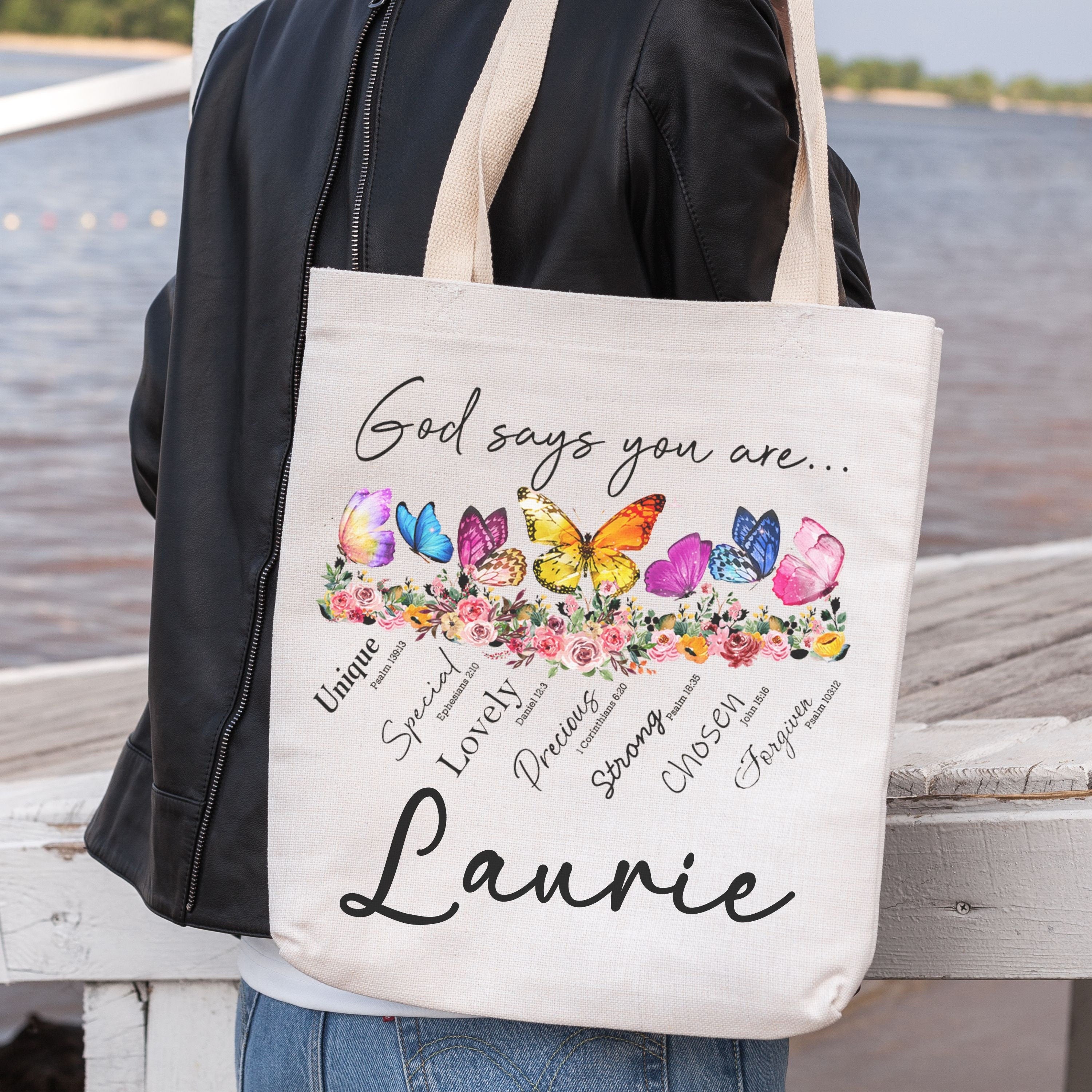 Personalized Christian Canvas Tote Bag – Custom Butterfly Bible Verse Bag – Bible Study Tote – Religious Gift for Daughter – Faith-Based Gift for Friend – Custom Scripture Tote, TBLAF25