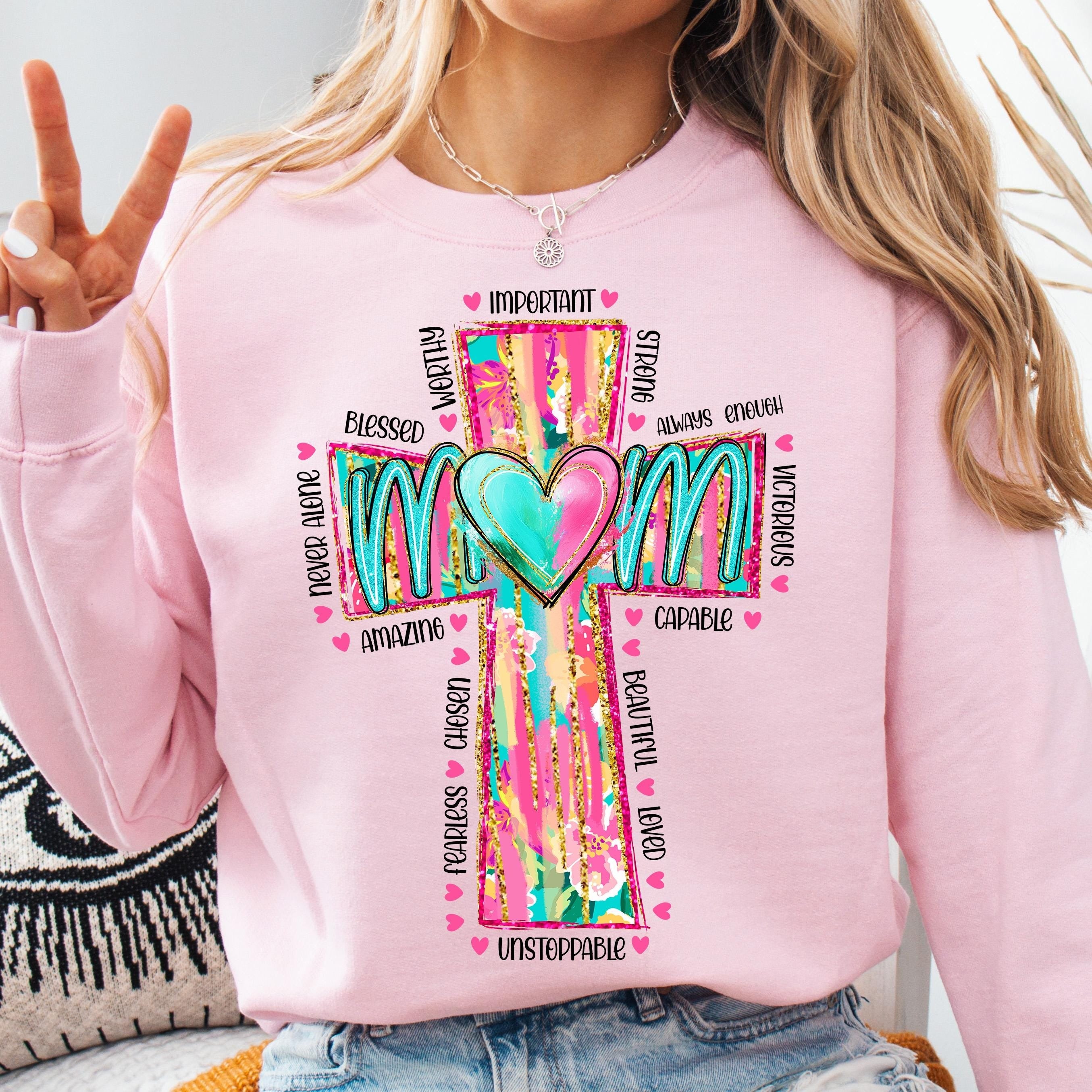 Comfort Colors® Strong Worthy Beautiful Loved Shirt, Christian Mama Shirt, Hand Drawn Cross Shirt, Mother's Day Gift, Trendy Religious Faith Shirt