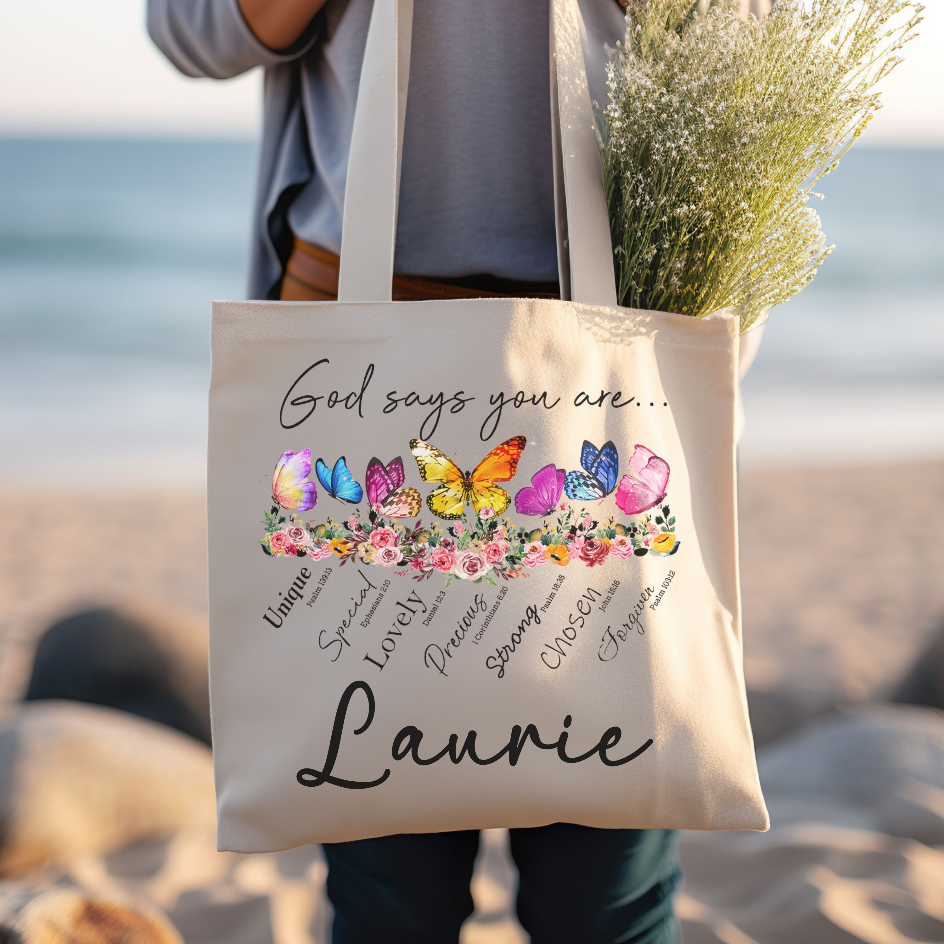 Personalized Christian Canvas Tote Bag – Custom Butterfly Bible Verse Bag – Bible Study Tote – Religious Gift for Daughter – Faith-Based Gift for Friend – Custom Scripture Tote, TBLAF25