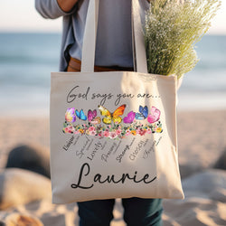 Personalized Christian Canvas Tote Bag – Custom Butterfly Bible Verse Bag – Bible Study Tote – Religious Gift for Daughter – Faith-Based Gift for Friend – Custom Scripture Tote