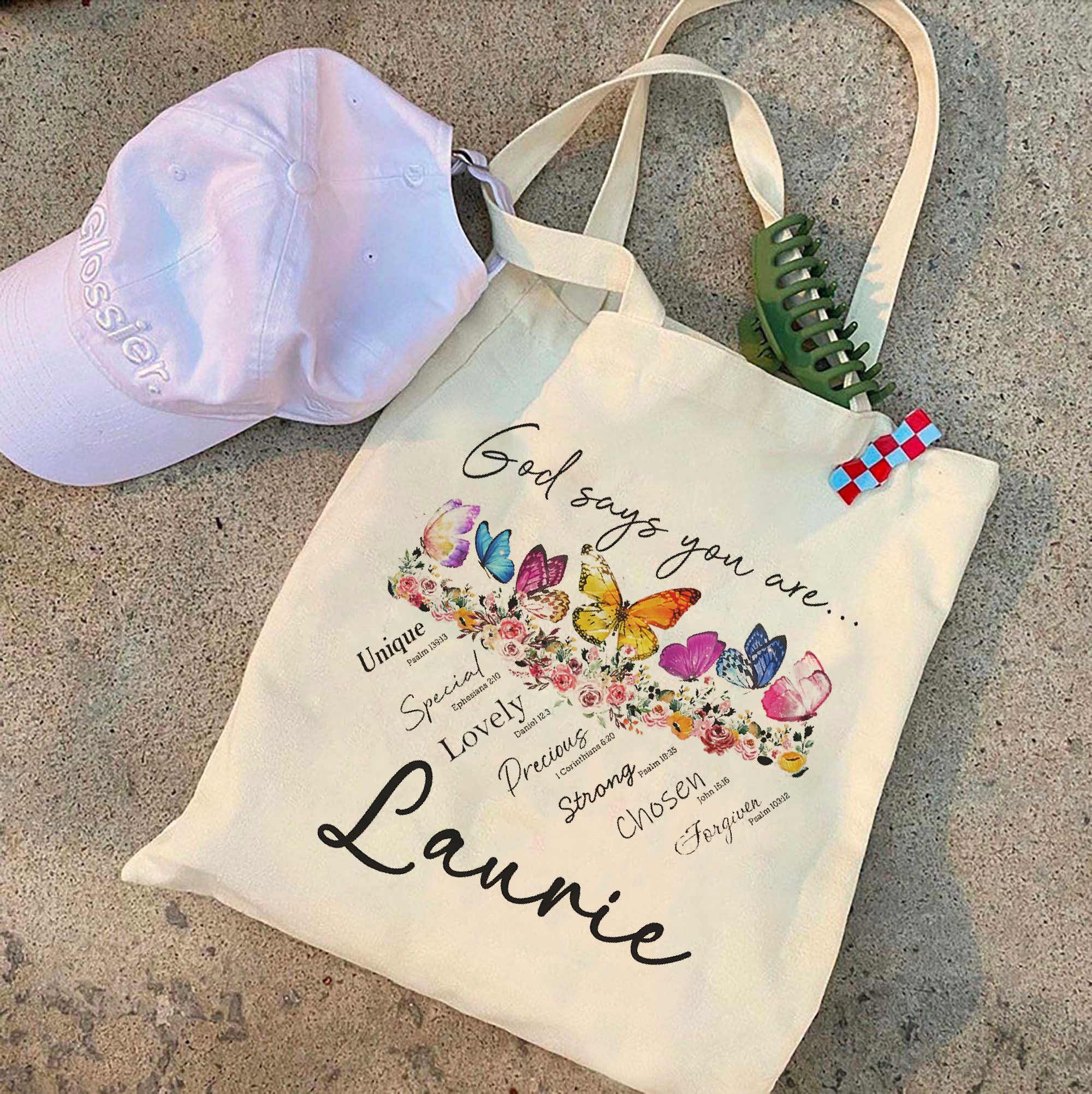 Personalized Christian Canvas Tote Bag – Custom Butterfly Bible Verse Bag – Bible Study Tote – Religious Gift for Daughter – Faith-Based Gift for Friend – Custom Scripture Tote, TBLAF25