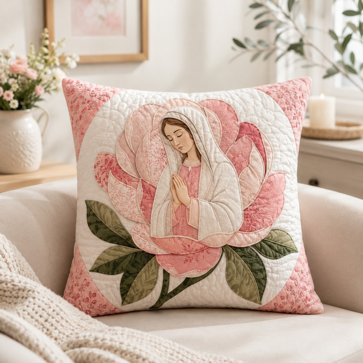 Virgin Mary Rose Quilted Pillow Case, Pink Floral Catholic Pillow Cover, Blessed Mother Christian Decor, Marian Gift for Women QPILLOW23