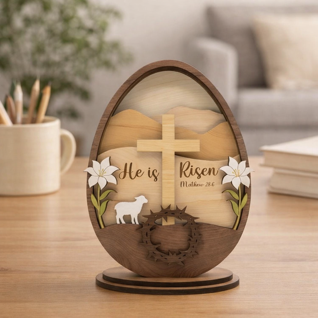 He Is Risen Easter Egg Wooden Decor, Matthew 28:6 Cross & Lamb Shelf Sign, Christian Resurrection Table Display, Religious Spring Home Accent, Faith Gift