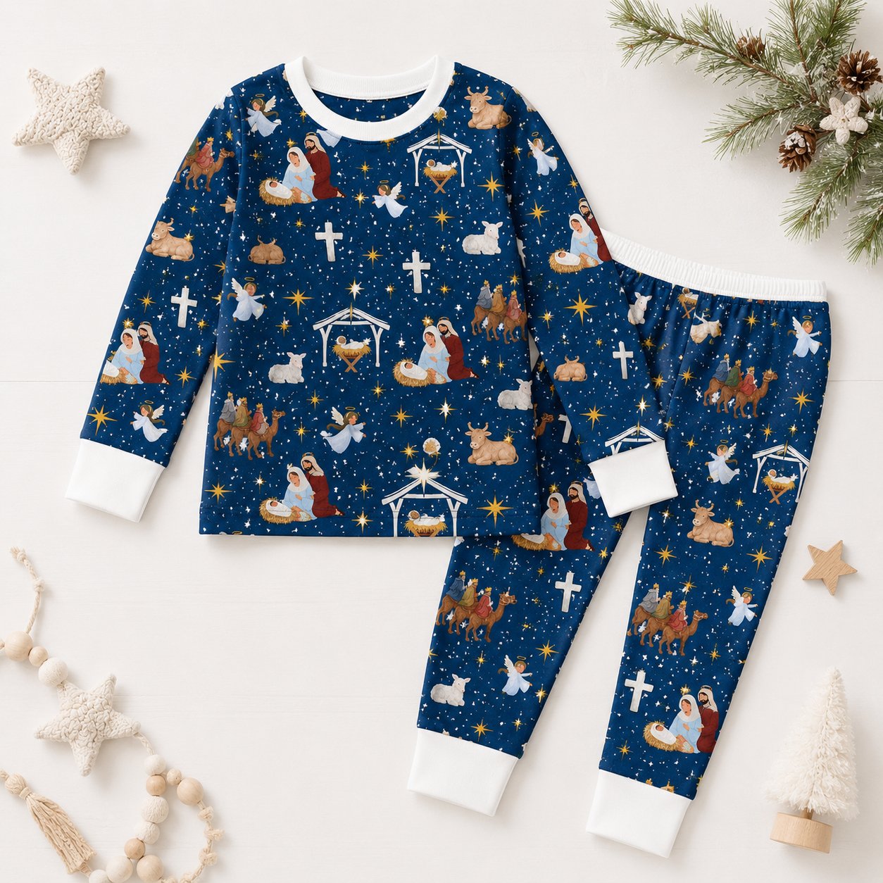 Nativity Bamboo Kids Pajamas Set, Christian Christmas Pajamas, Baby Jesus Holiday PJs, Boys Girls Long Sleeve Sleepwear BBPJSS21
