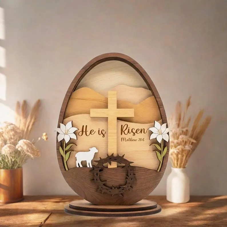 He Is Risen Easter Egg Wooden Decor, Matthew 28:6 Cross & Lamb Shelf Sign, Christian Resurrection Table Display, Religious Spring Home Accent, Faith Gift