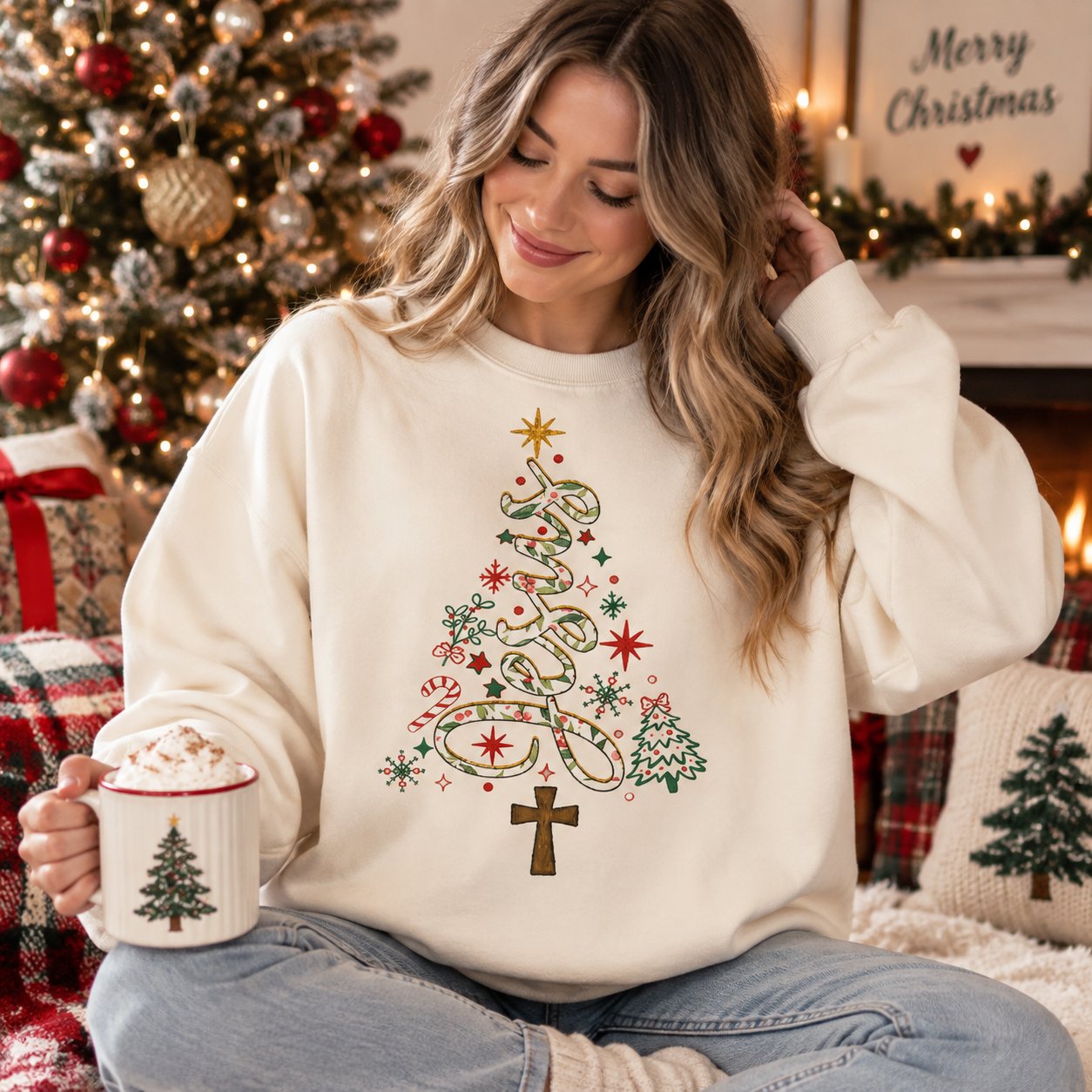 Christian Christmas Shirt, Jesus Christmas Tree Crewneck, Faith Based Holiday Shirt, Family Shirt, Religious Christmas Gift CFNE24