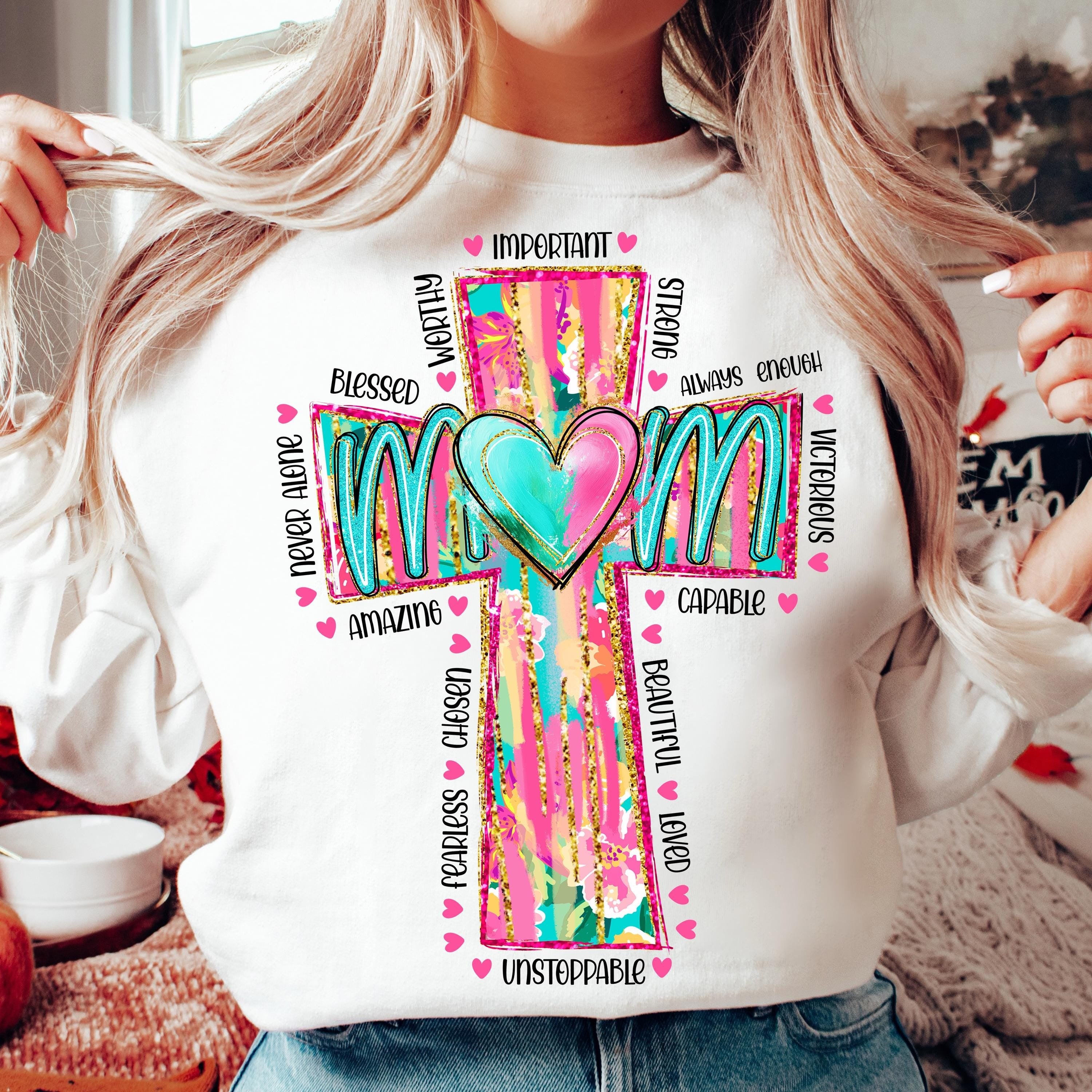 Comfort Colors® Strong Worthy Beautiful Loved Shirt, Christian Mama Shirt, Hand Drawn Cross Shirt, Mother's Day Gift, Trendy Religious Faith Shirt