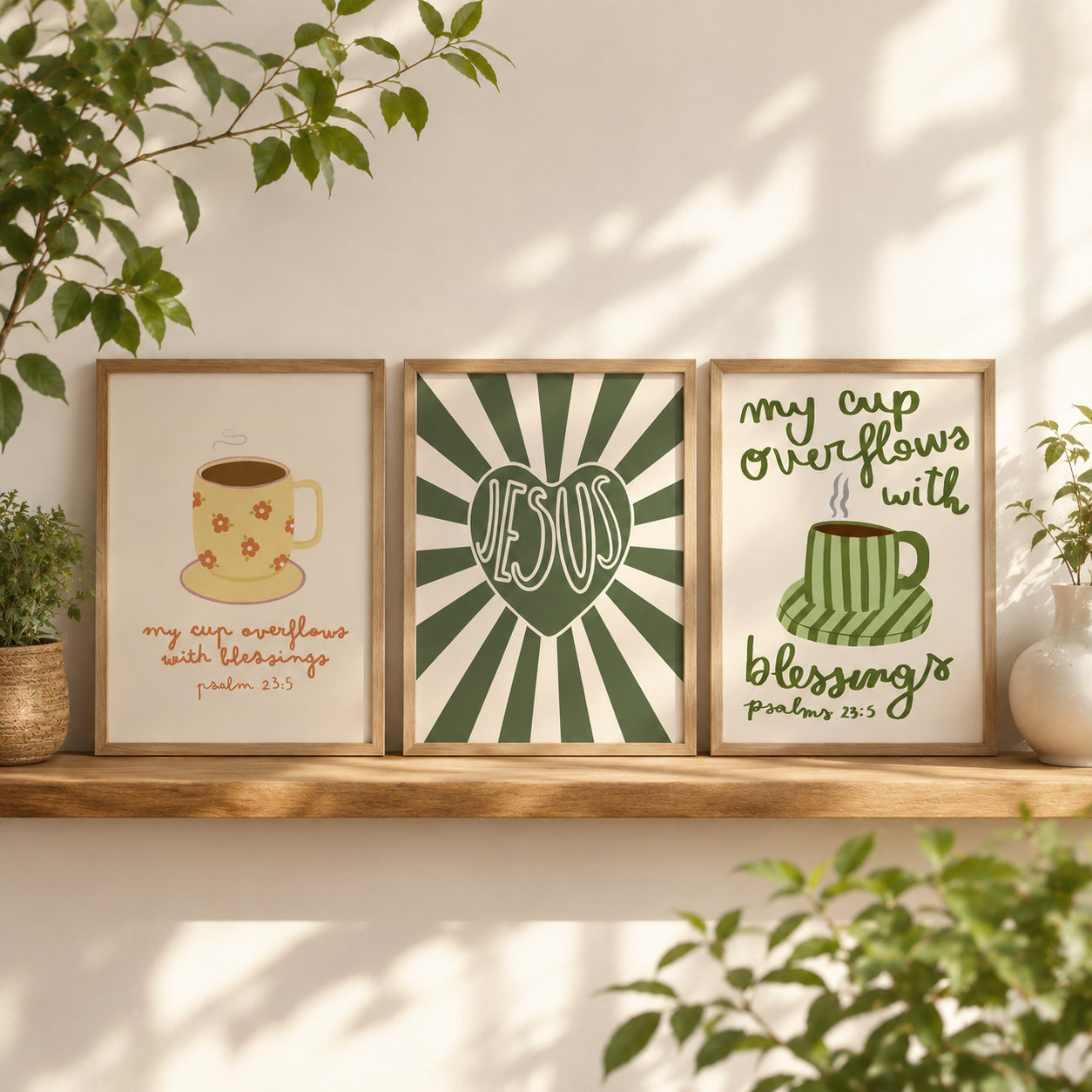 Set of 3 Christian Coffee Wall Art, My Cup Overflows with Blessings Psalm 23:5 Posters, Retro Jesus Kitchen Decor, Coffee Bible Art Poster PTSET20
