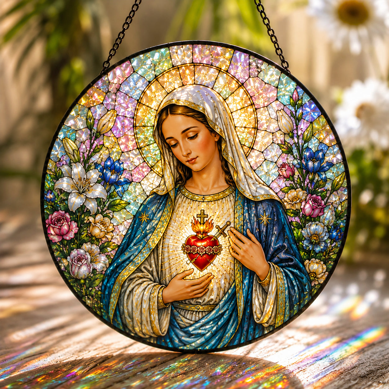 Immaculate Heart of Mary Stained Glass Suncatcher – Virgin Mary Floral Window Hanging, Catholic Religious Home Decor Gift  GLASS24