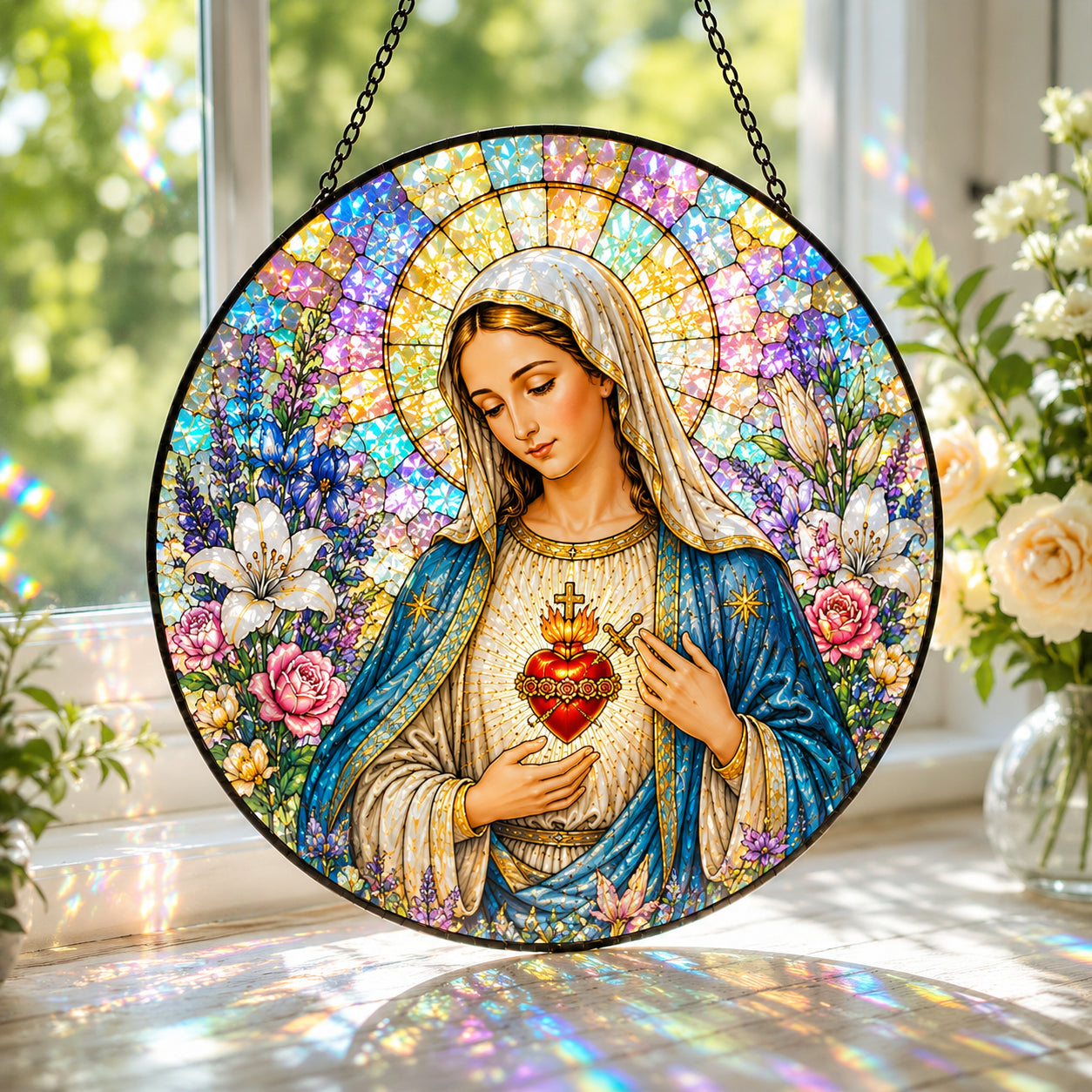 Immaculate Heart of Mary Stained Glass Suncatcher – Virgin Mary Floral Window Hanging, Catholic Religious Home Decor Gift  GLASS24