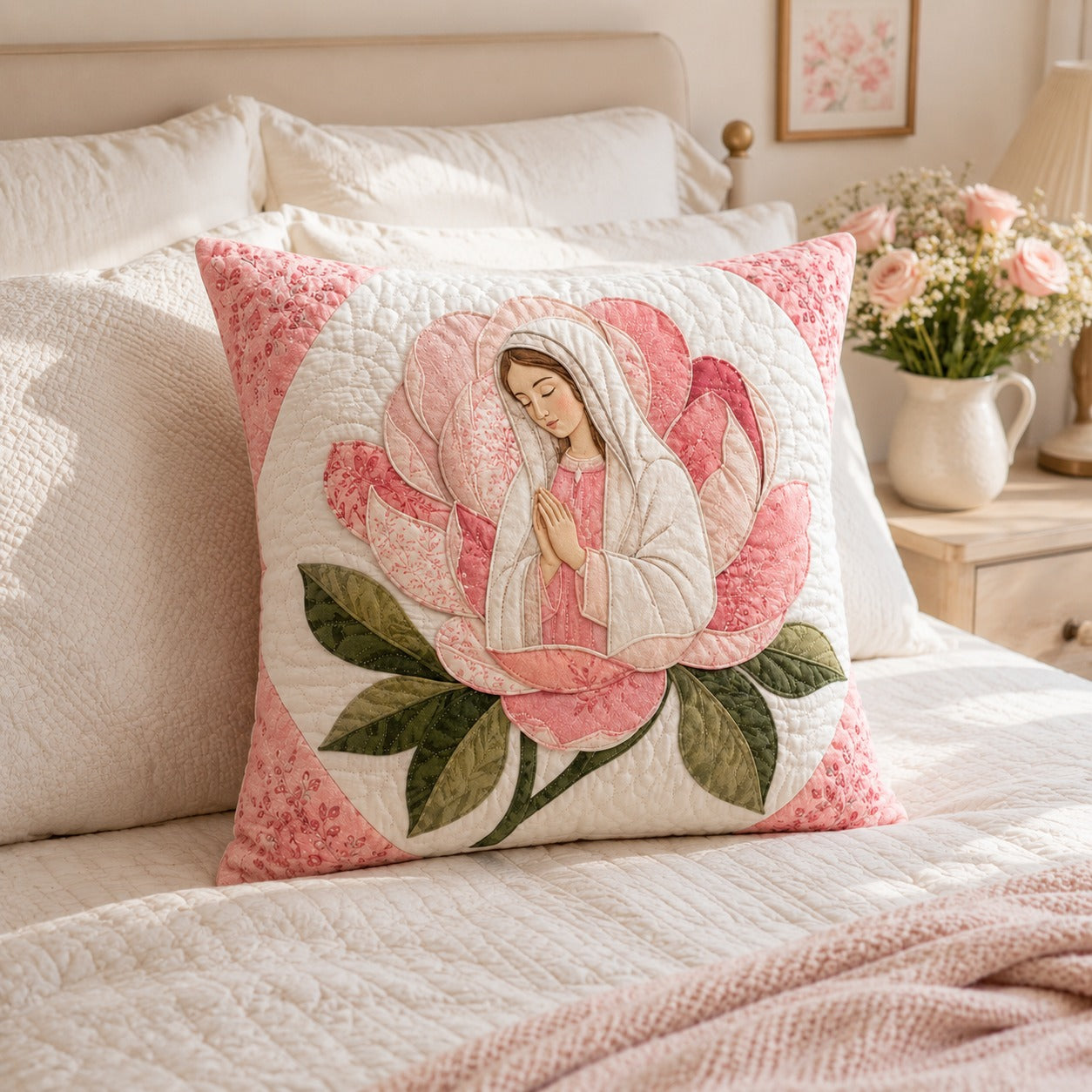 Virgin Mary Rose Quilted Pillow Case, Pink Floral Catholic Pillow Cover, Blessed Mother Christian Decor, Marian Gift for Women QPILLOW23