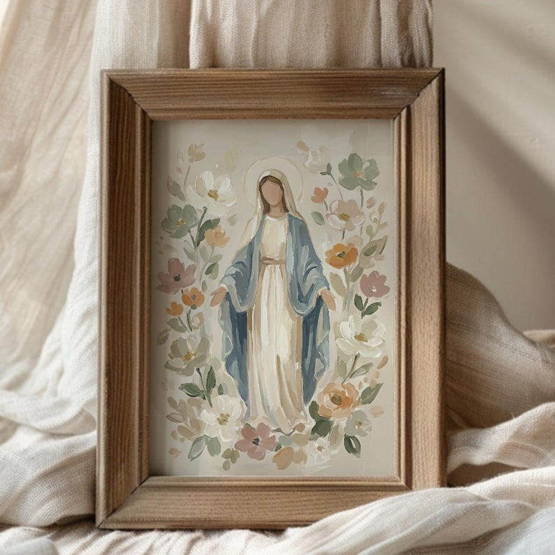 Blessed Mother of God Floral Artwork Print Poster, Virgin Mary Catholic Art Poster, Unframed Poster, Neutral Christian Decor, Catholic Baptism PrintPT16