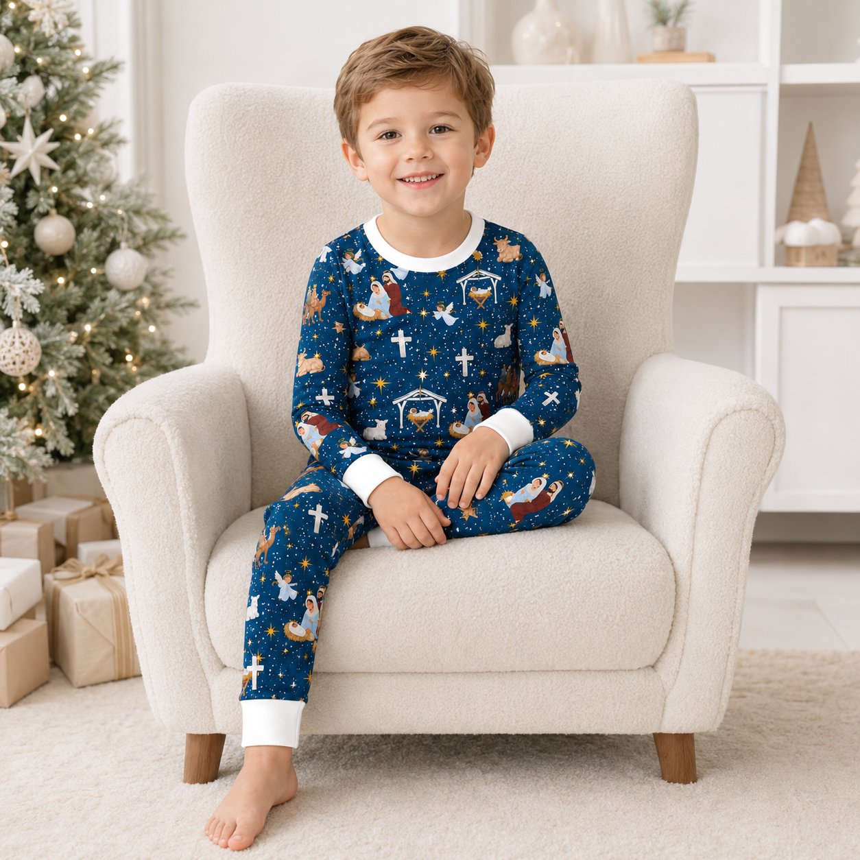 Nativity Bamboo Kids Pajamas Set, Christian Christmas Pajamas, Baby Jesus Holiday PJs, Boys Girls Long Sleeve Sleepwear BBPJSS21