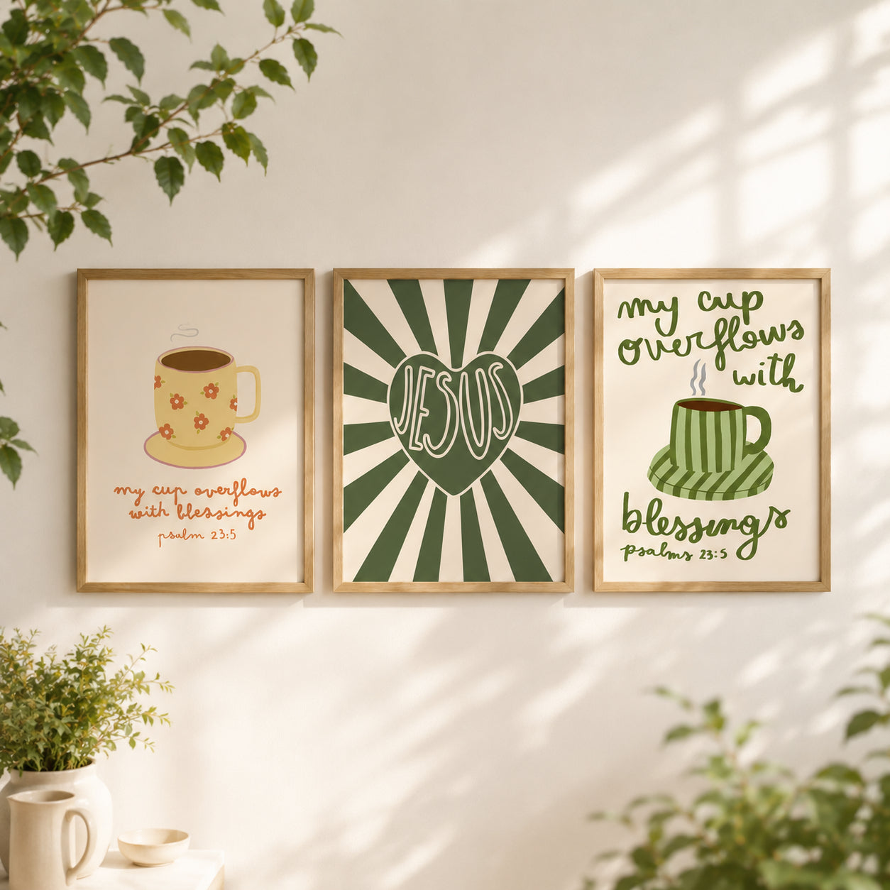 Set of 3 Christian Coffee Wall Art, My Cup Overflows with Blessings Psalm 23:5 Posters, Retro Jesus Kitchen Decor, Coffee Bible Art Poster PTSET20