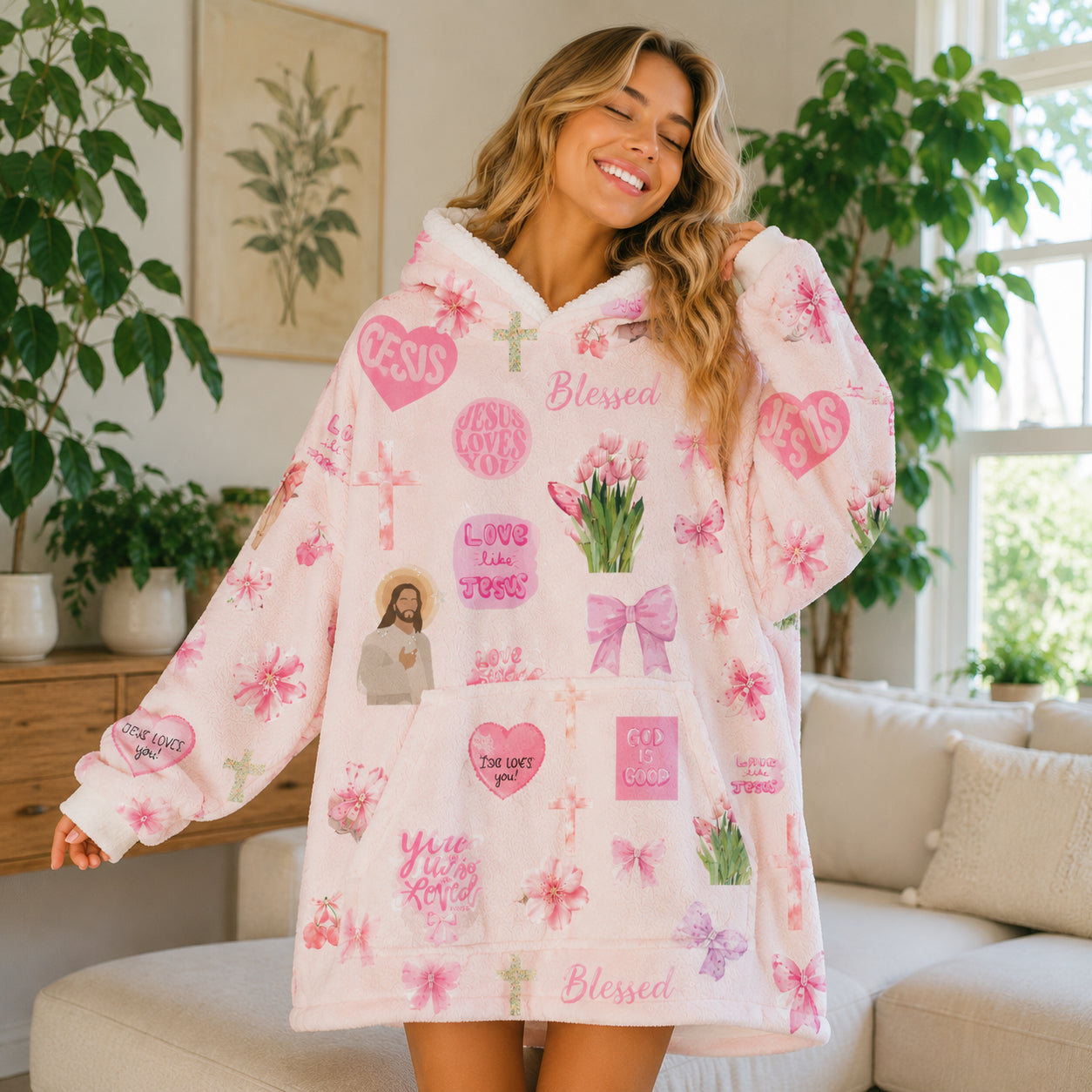 Pink Christian Jesus Loves You Oversized Hoodie Blanket, Custom Christian Aesthetic Hoodie, Oversized Snuggle Hoodie, Fleece Flannel Wearable Blanket Hoodie for Kids & Adults, Family Religious Gift OOH24