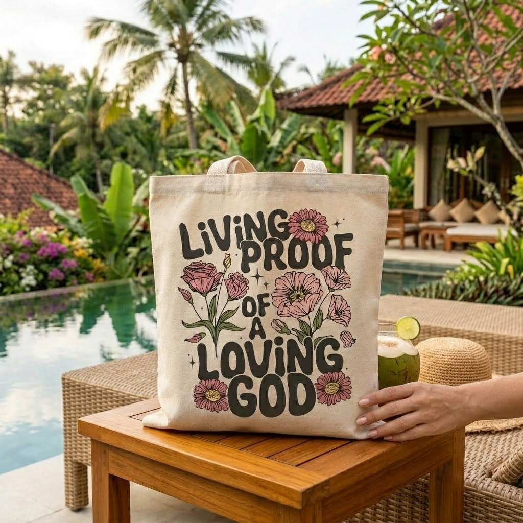 Living Proof of a Loving God Canvas Tote Bag, Christian Tote Bag for Women, Floral Faith Bag, Inspirational Church Gift TBLAF87