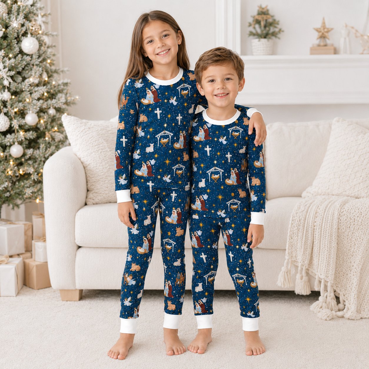Nativity Bamboo Kids Pajamas Set, Christian Christmas Pajamas, Baby Jesus Holiday PJs, Boys Girls Long Sleeve Sleepwear BBPJSS21