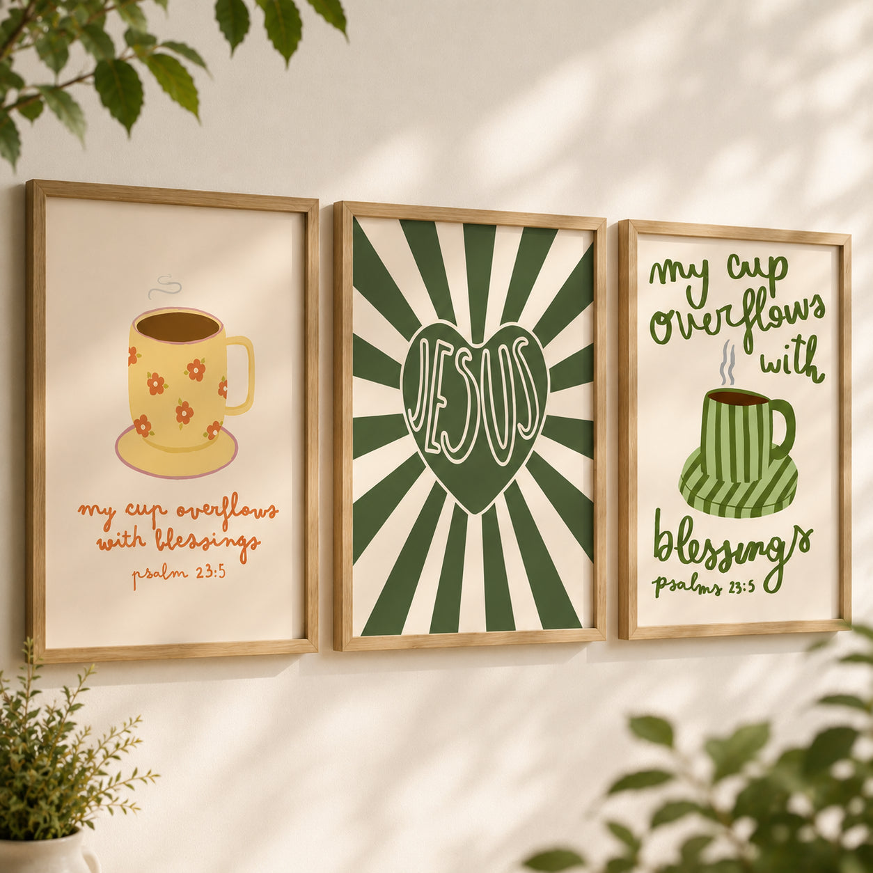 Set of 3 Christian Coffee Wall Art, My Cup Overflows with Blessings Psalm 23:5 Posters, Retro Jesus Kitchen Decor, Coffee Bible Art Poster PTSET20