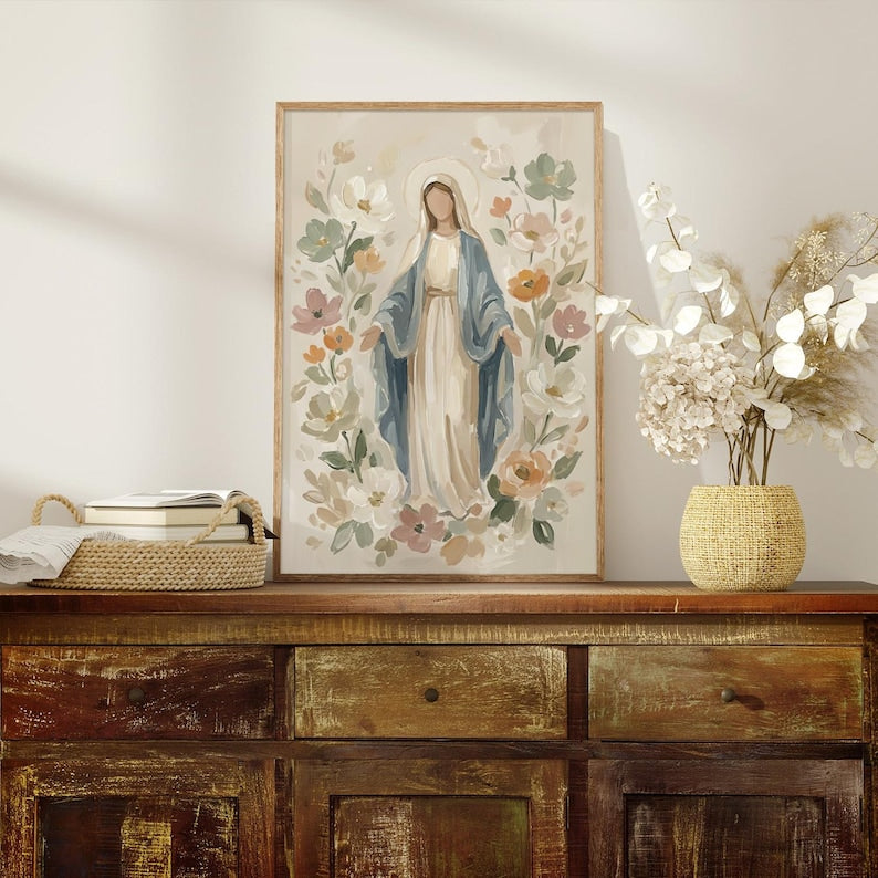 Blessed Mother of God Floral Artwork Print Poster, Virgin Mary Catholic Art Poster, Unframed Poster, Neutral Christian Decor, Catholic Baptism PrintPT16