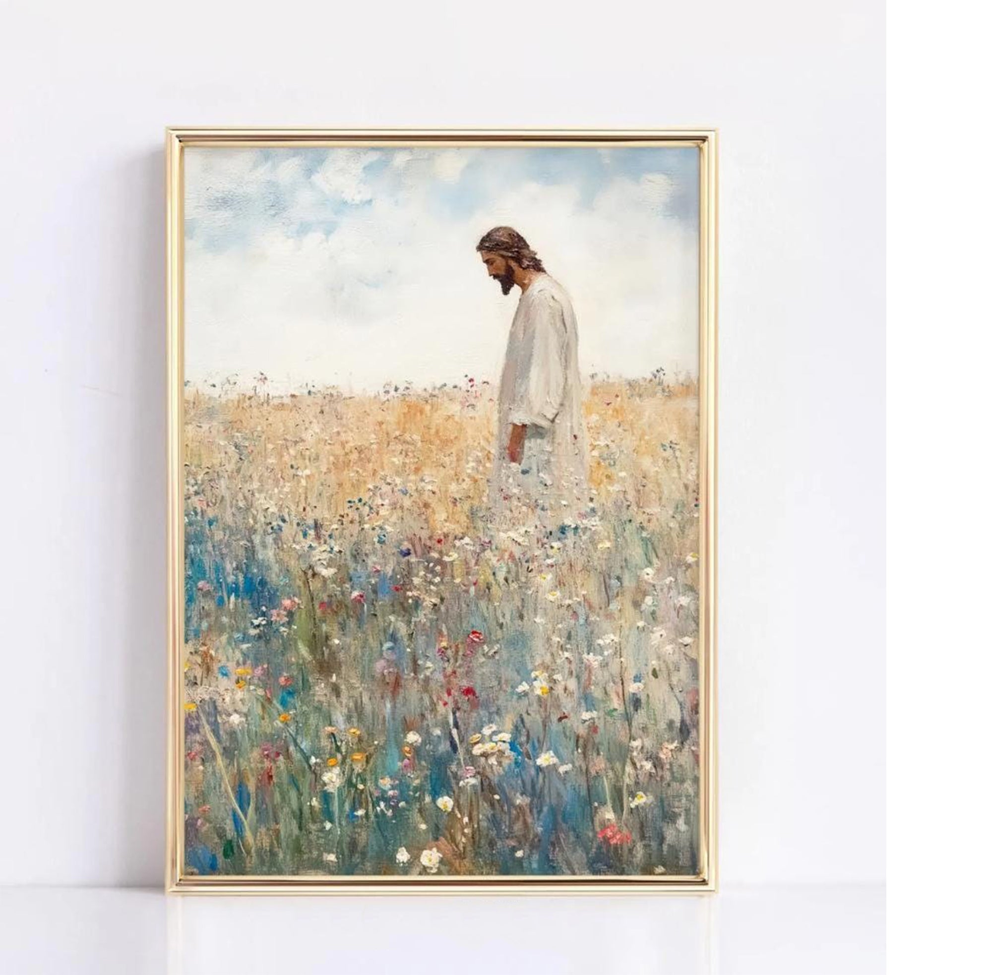 Jesus Leaves the 99 Poster, Christian Inspirational Poster, Autumn Wildflowers Field Poster, Christian Poster