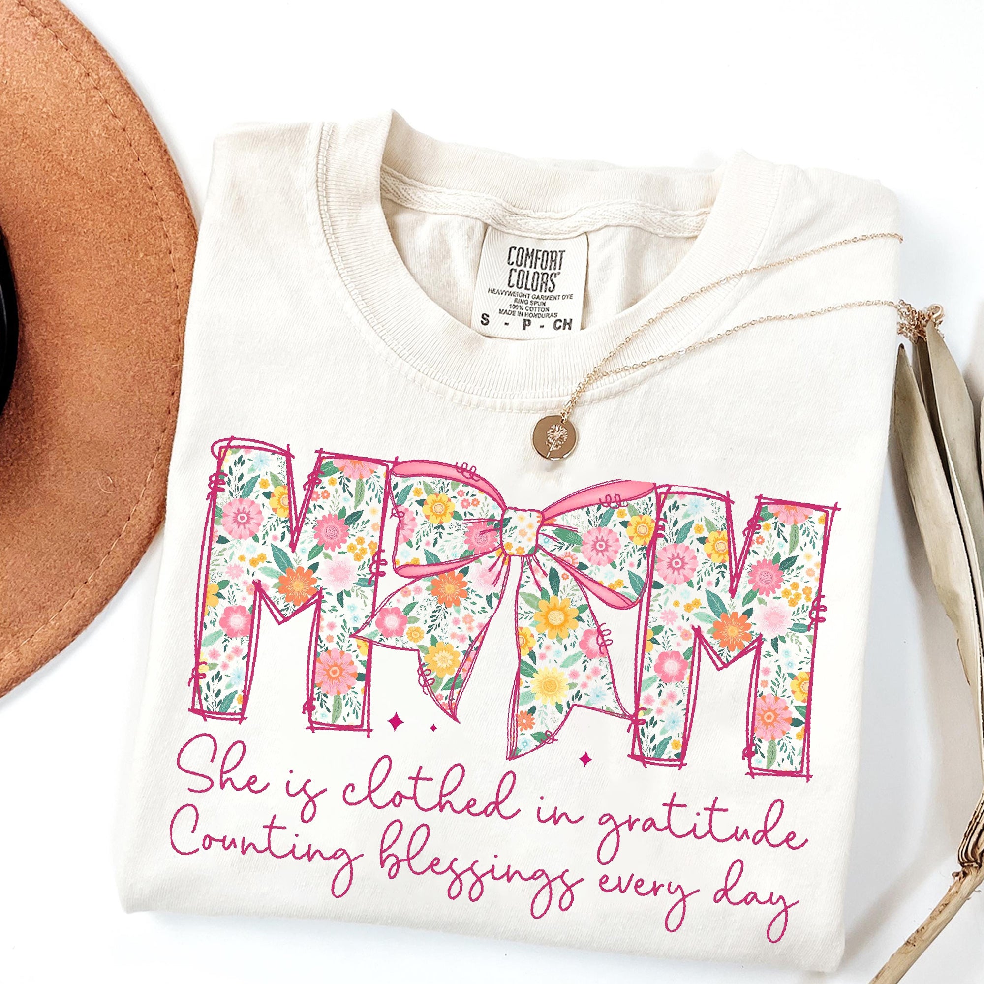 Comfort Colors® Mom, She is Clothed in Gratitude T Shirt, Christian Mama Shirt, Mother Coquette Bow, Retro Mama Shirt, Floral Mom Shirt, Bible Verses Shirt, Gift for Mother's Day