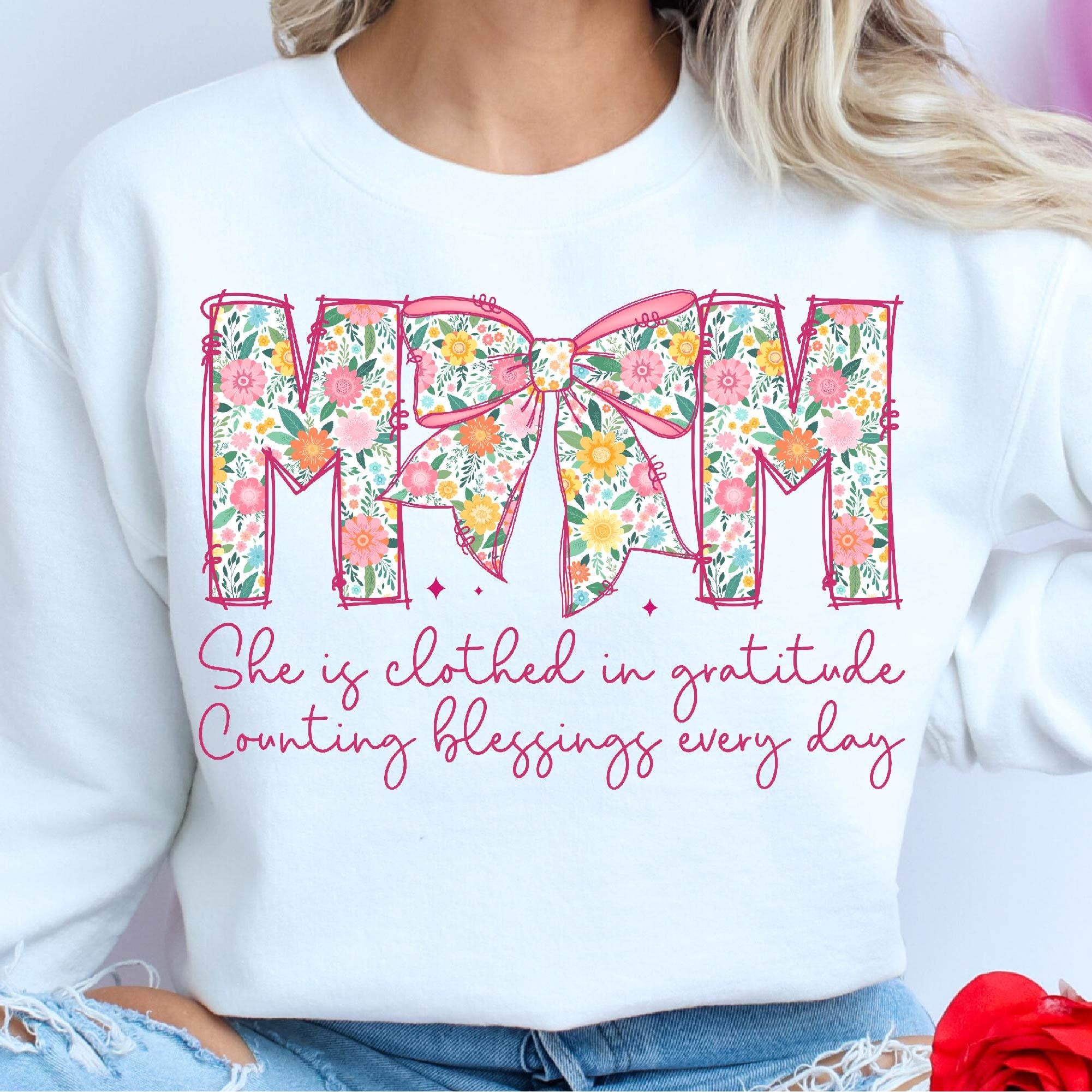 Comfort Colors® Mom, She is Clothed in Gratitude T Shirt, Christian Mama Shirt, Mother Coquette Bow, Retro Mama Shirt, Floral Mom Shirt, Bible Verses Shirt, Gift for Mother's Day