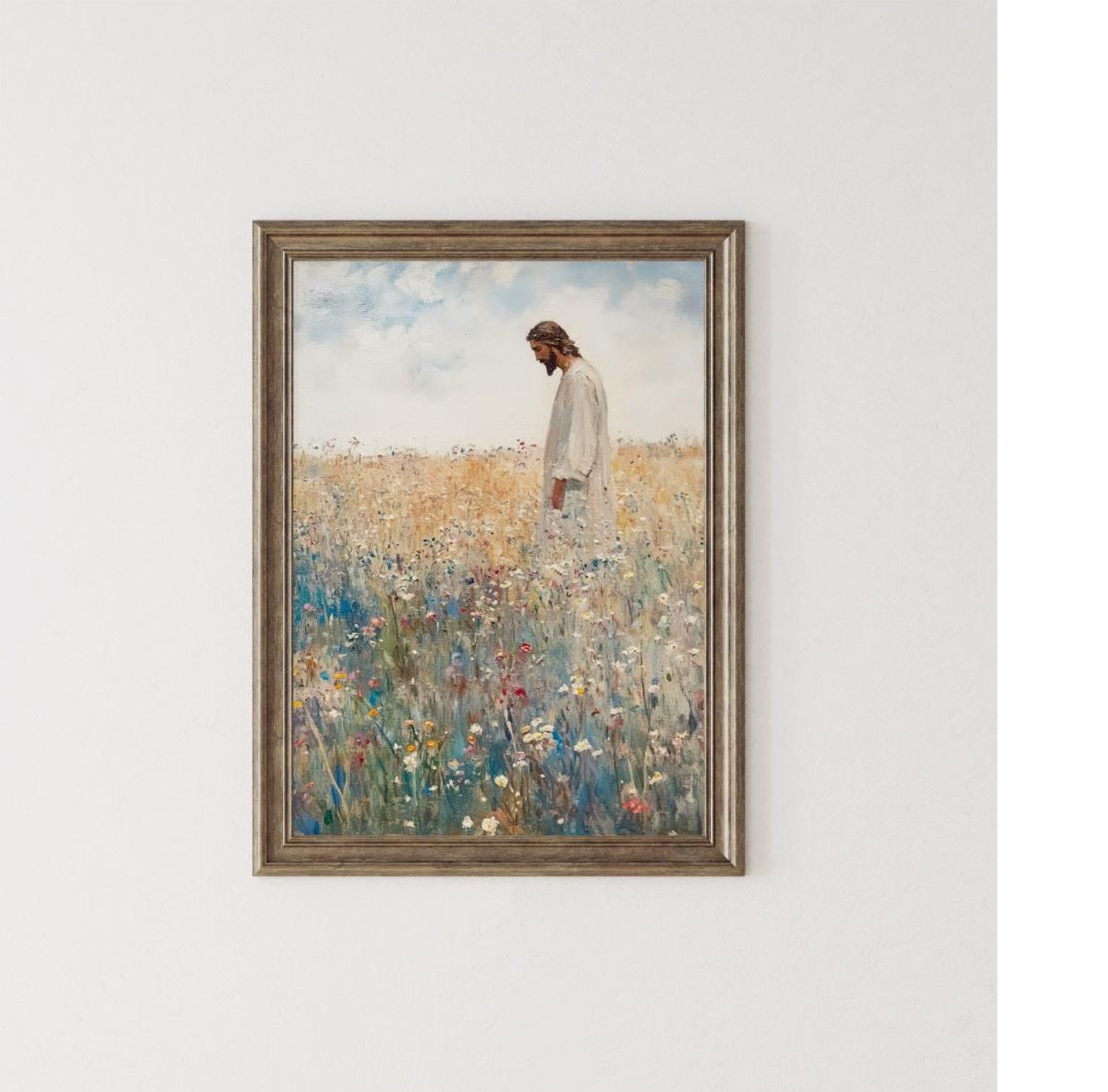 Jesus Leaves the 99 Poster, Christian Inspirational Poster, Autumn Wildflowers Field Poster, Christian Poster