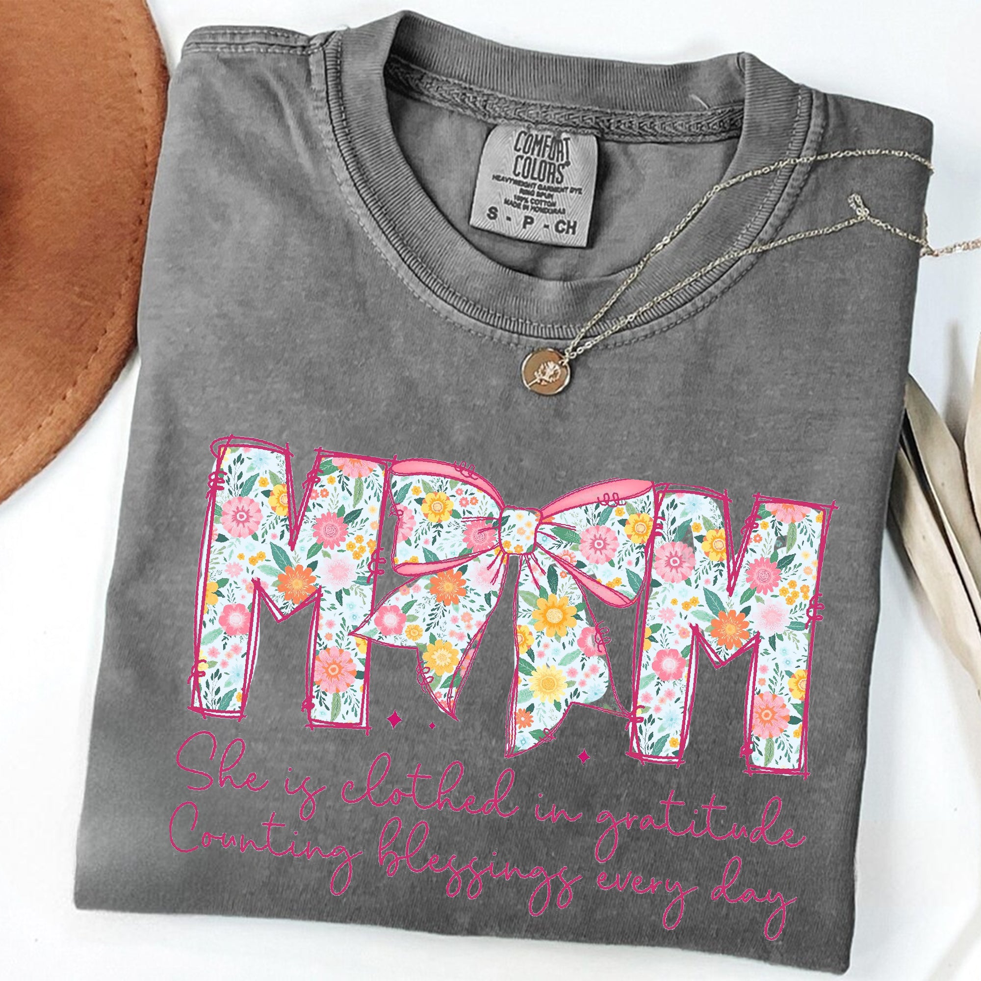 Comfort Colors® Mom, She is Clothed in Gratitude T Shirt, Christian Mama Shirt, Mother Coquette Bow, Retro Mama Shirt, Floral Mom Shirt, Bible Verses Shirt, Gift for Mother's Day