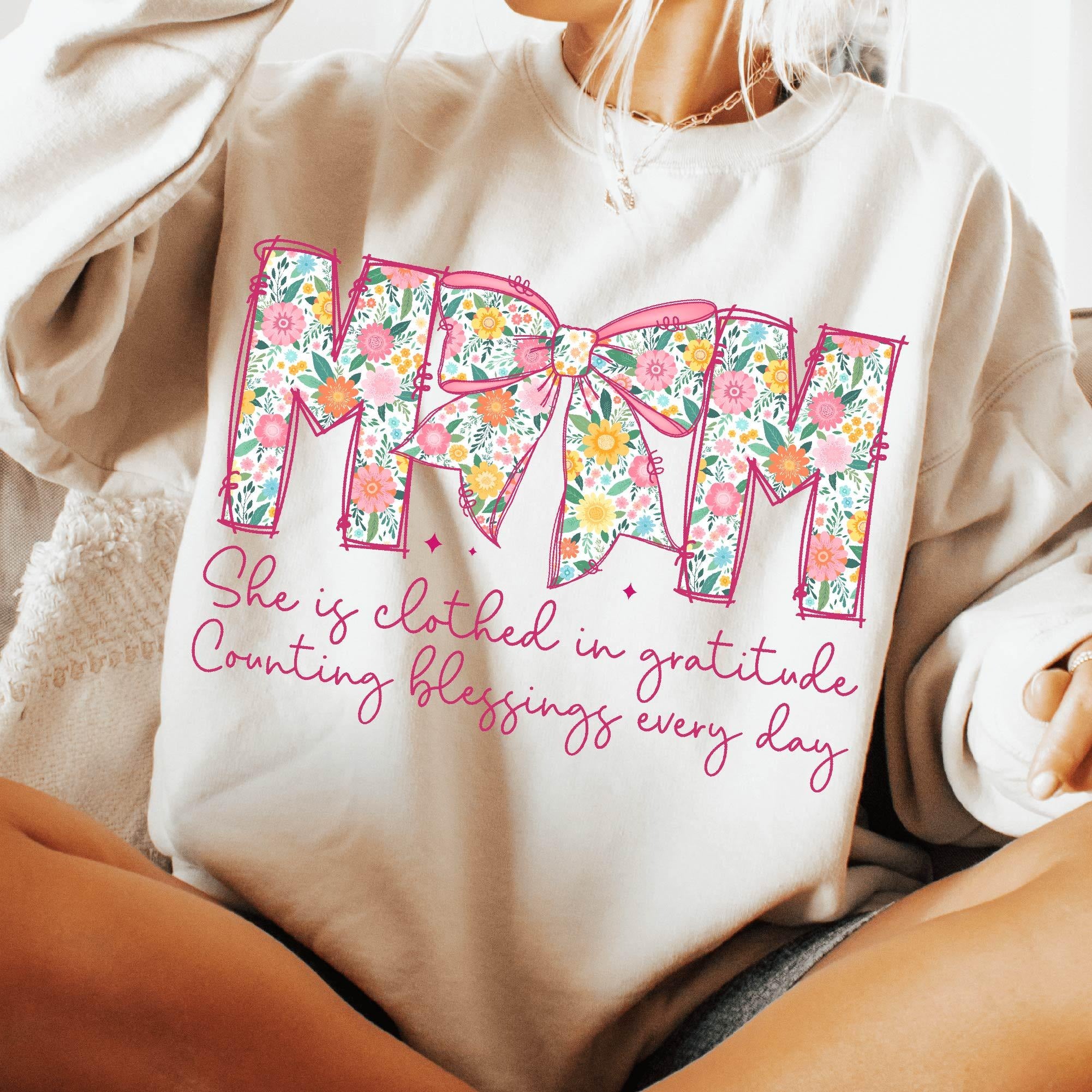 Comfort Colors® Mom, She is Clothed in Gratitude T Shirt, Christian Mama Shirt, Mother Coquette Bow, Retro Mama Shirt, Floral Mom Shirt, Bible Verses Shirt, Gift for Mother's Day