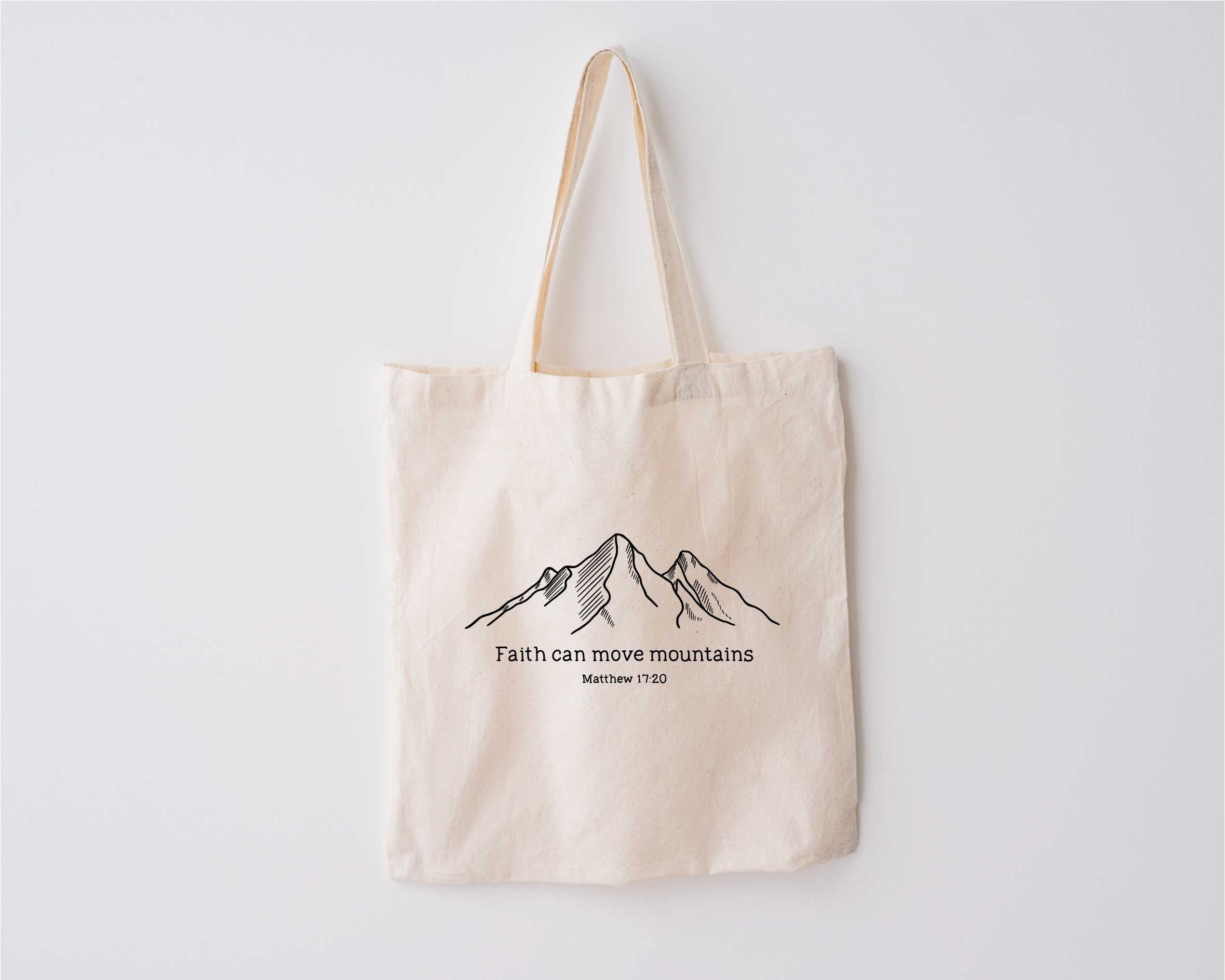 Faith Can Move Mountains Christian Tote Bag – Matthew 17:20 Bible Verse – Inspirational Canvas Tote – Religious Gift for Her – Reusable Church Bag TBLAF26