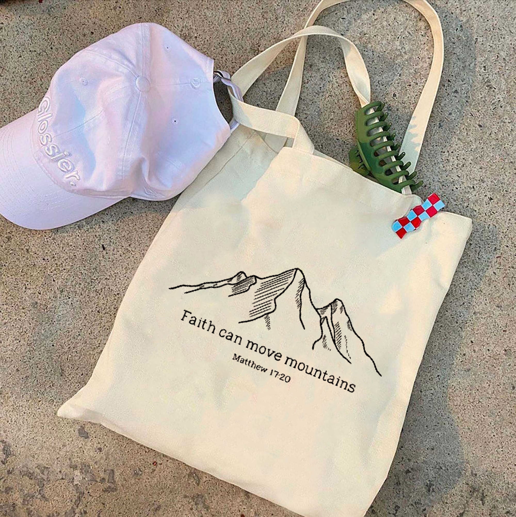 Faith Can Move Mountains Christian Tote Bag – Matthew 17:20 Bible Verse – Inspirational Canvas Tote – Religious Gift for Her – Reusable Church Bag TBLAF26