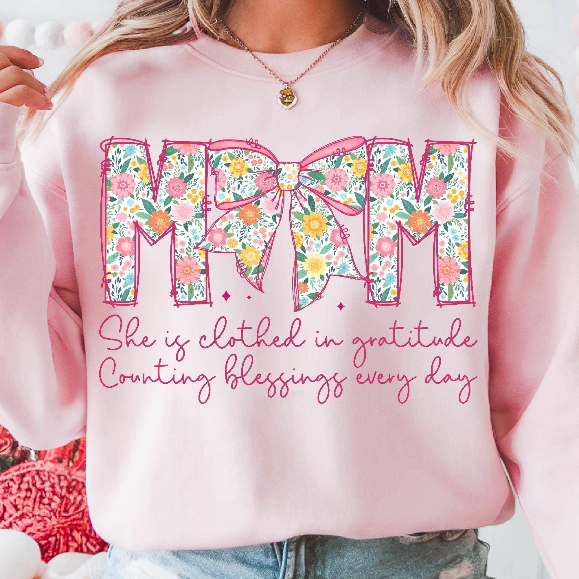 Comfort Colors® Mom, She is Clothed in Gratitude T Shirt, Christian Mama Shirt, Mother Coquette Bow, Retro Mama Shirt, Floral Mom Shirt, Bible Verses Shirt, Gift for Mother's Day