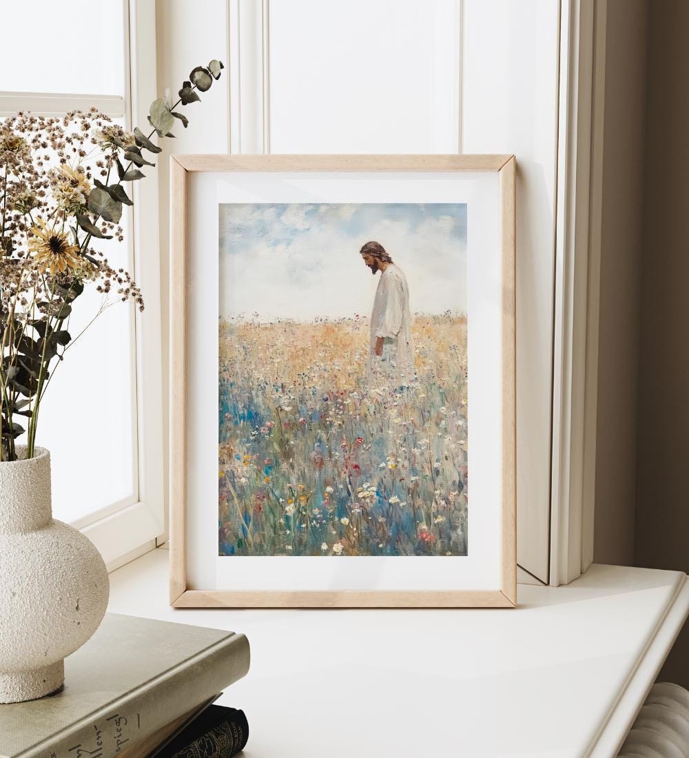Jesus Leaves the 99 Poster, Christian Inspirational Poster, Autumn Wildflowers Field Poster, Christian Poster