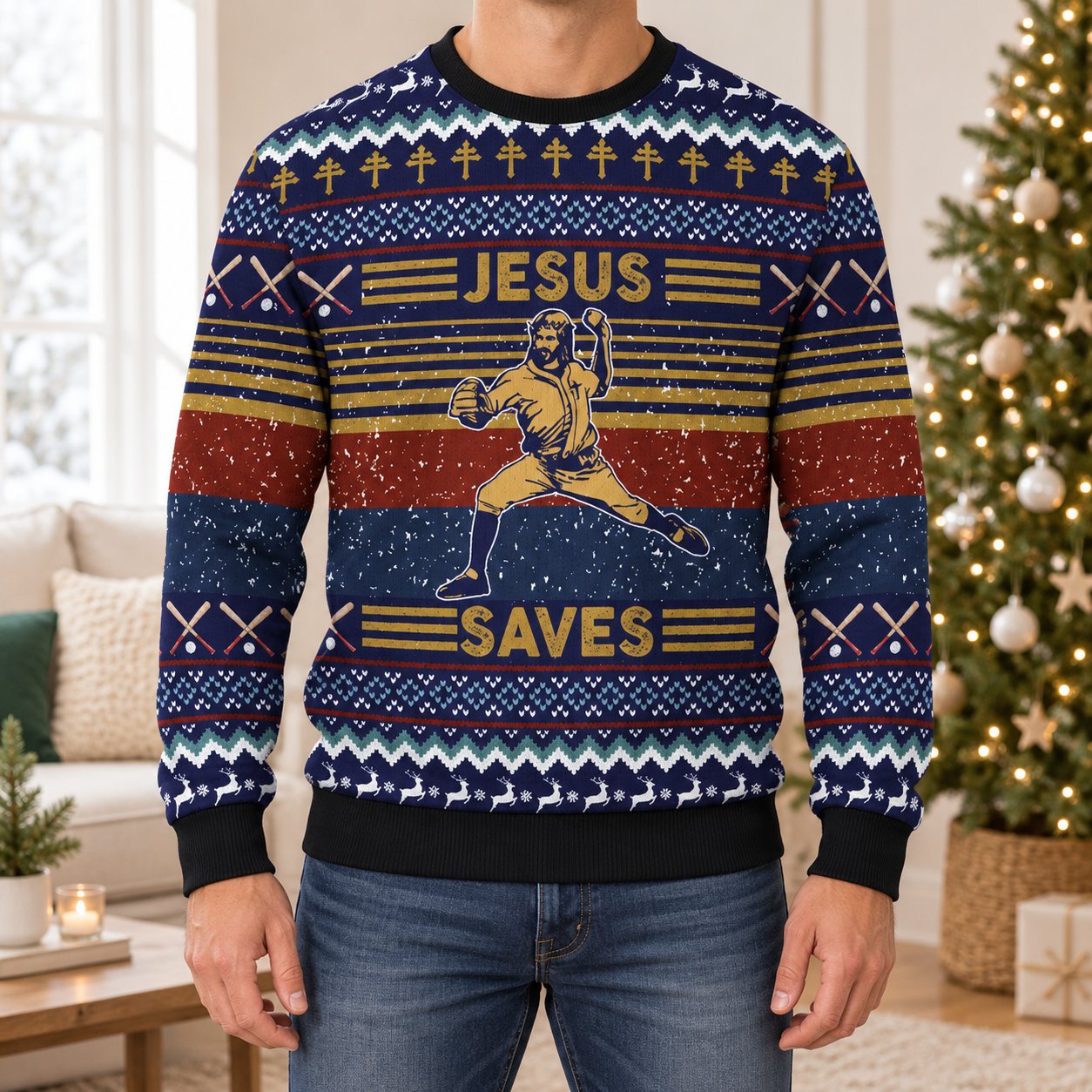 Jesus Saves Ugly Christmas Sweater, Christian Faith Holiday Sweatshirt, Religious Xmas Pullover Gift XMASUS25