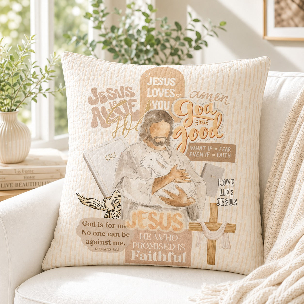 Jesus Loves You Quilted Pillow Case, Christian Bible Verse Pillow Cover, Faith Inspirational Home Decor, Religious Jesus Gift QPILLOW24