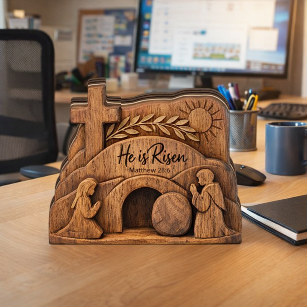 He Is Risen Easter Wooden Block, Matthew 28:6 Empty Tomb Cross Table Decor, Christian Resurrection Scene Shelf Sign, Religious Faith Home Accent, Easter Gift