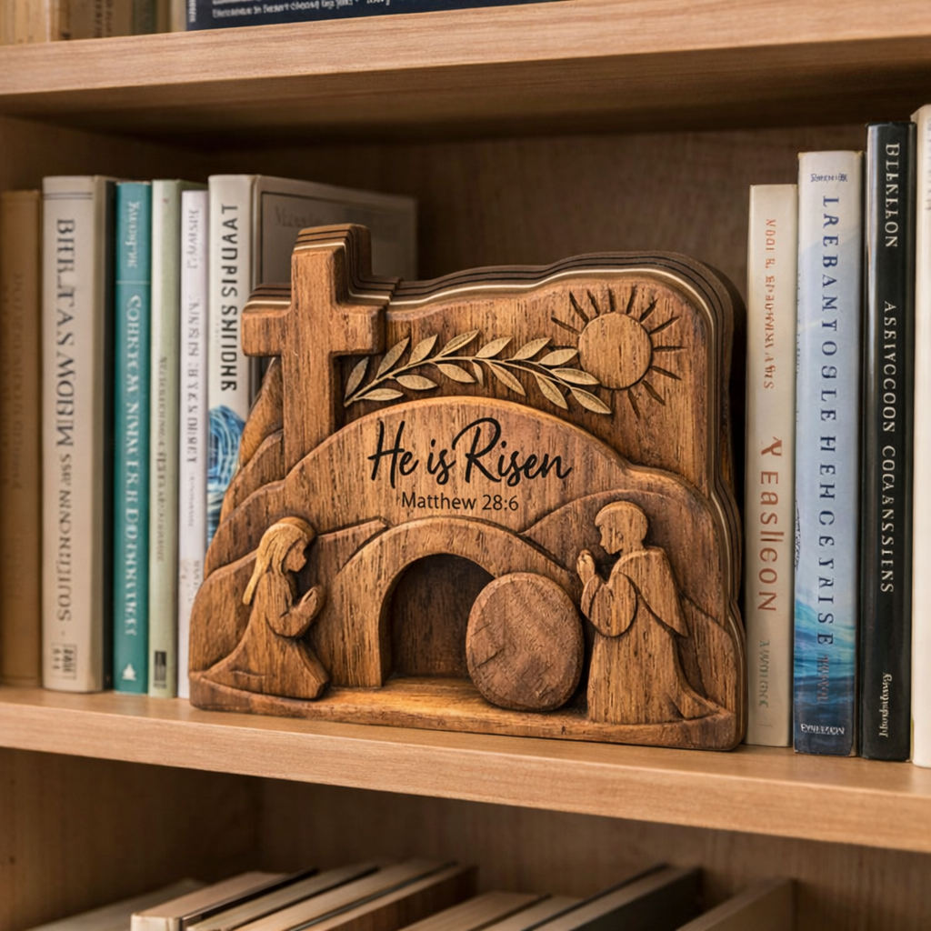 He Is Risen Easter Wooden Block, Matthew 28:6 Empty Tomb Cross Table Decor, Christian Resurrection Scene Shelf Sign, Religious Faith Home Accent, Easter Gift