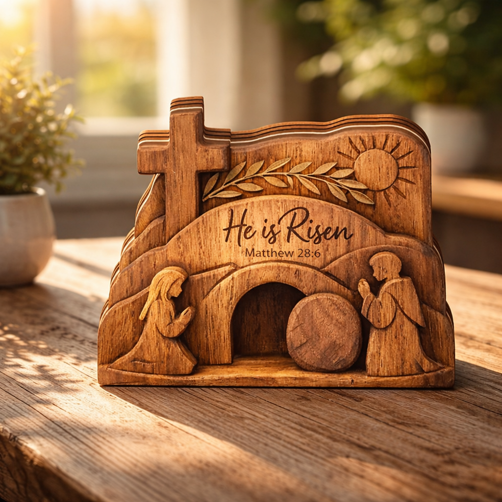 He Is Risen Easter Wooden Block, Matthew 28:6 Empty Tomb Cross Table Decor, Christian Resurrection Scene Shelf Sign, Religious Faith Home Accent, Easter Gift