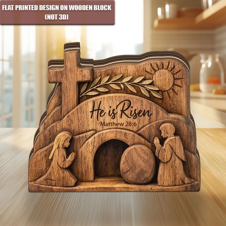 He Is Risen Easter Wooden Block, Matthew 28:6 Empty Tomb Cross Table Decor, Christian Resurrection Scene Shelf Sign, Religious Faith Home Accent, Easter Gift