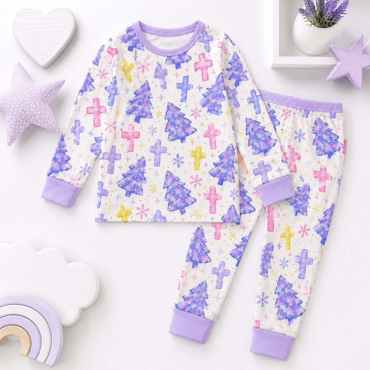 Pastel Cross Bamboo Kids Pajamas Set, Christian Pajamas for Girls, Soft Long Sleeve Sleepwear, Religious Kids Gift BBPJSS22