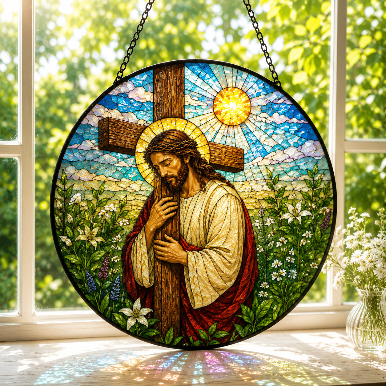 Jesus with Cross Stained Glass Suncatcher – Christian Cross Window Hanging, Religious Faith Home Decor, Catholic Gift  GLASS25