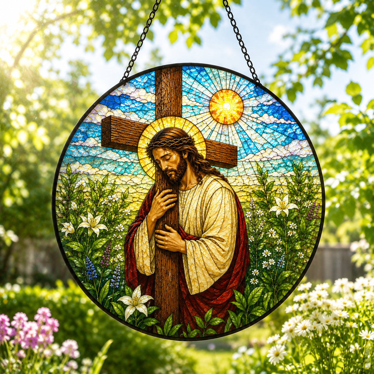 Jesus with Cross Stained Glass Suncatcher – Christian Cross Window Hanging, Religious Faith Home Decor, Catholic Gift  GLASS25