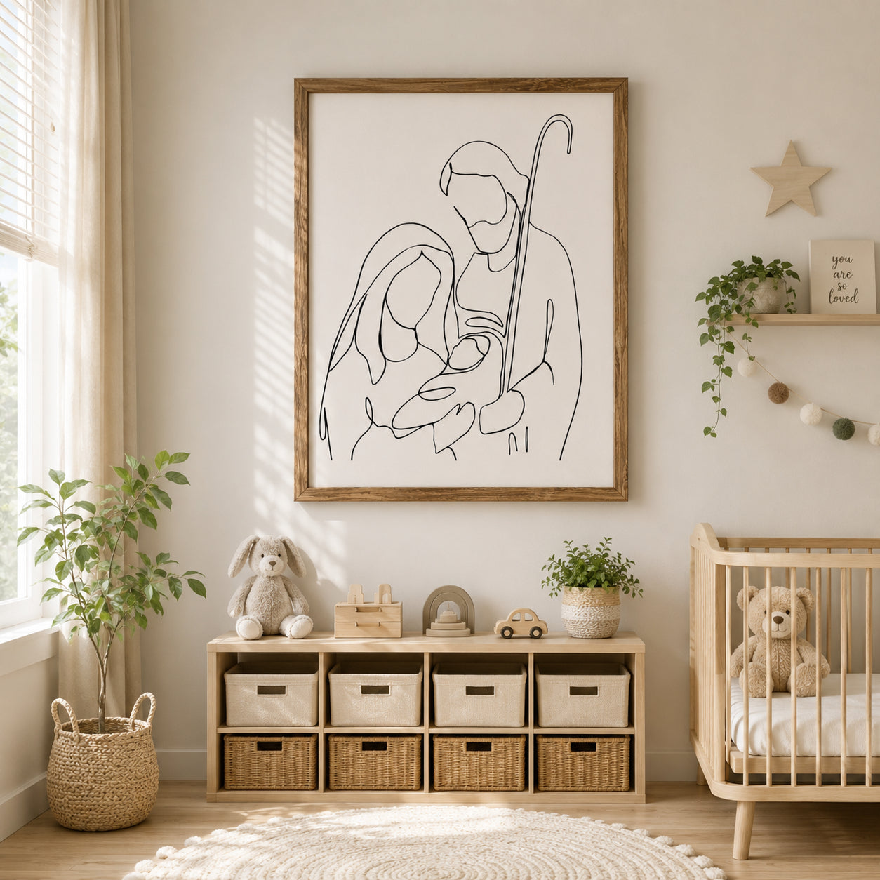 Holy Family Christian Wall Art, Minimalist Nativity Line Drawing, Mary Joseph and Baby Jesus Poster, Religious Home Decor PTN06