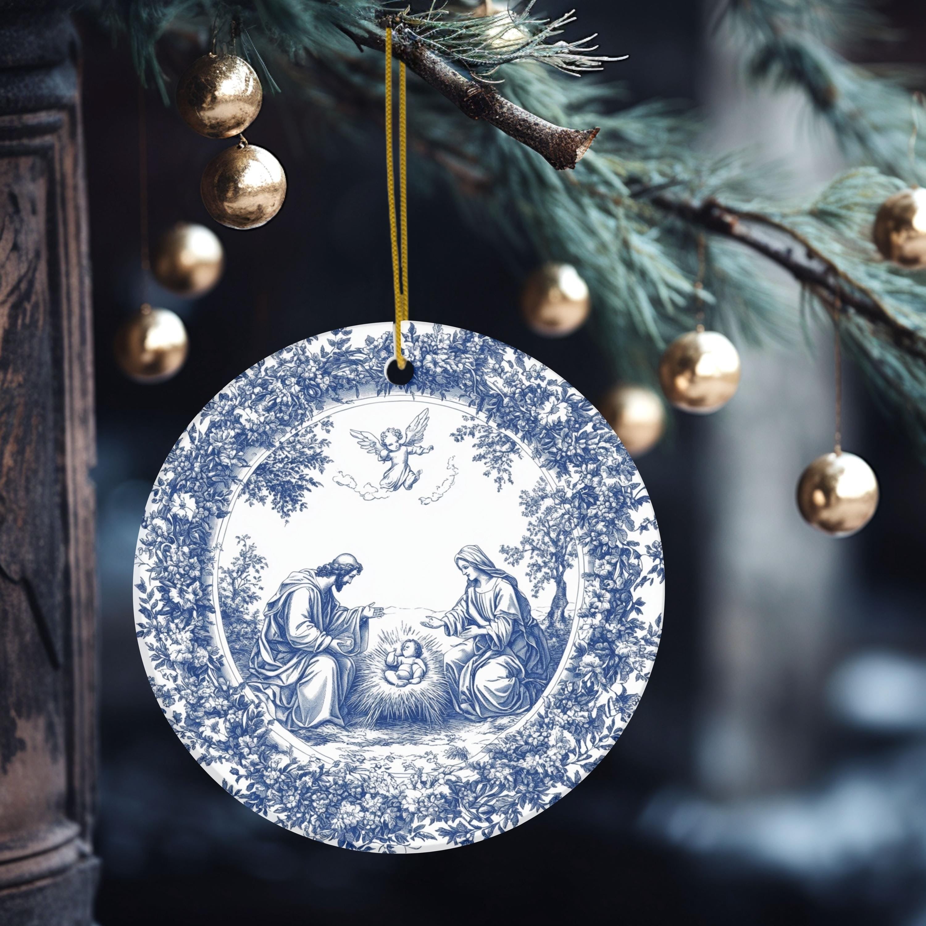 Christian Ornament, Nativity Blue Toile de Jouy Christmas Ornament, Ideas For Christmas Trees, Nativity of Jesus Ornament Ceramic Christmas Keepsake DCLAF17