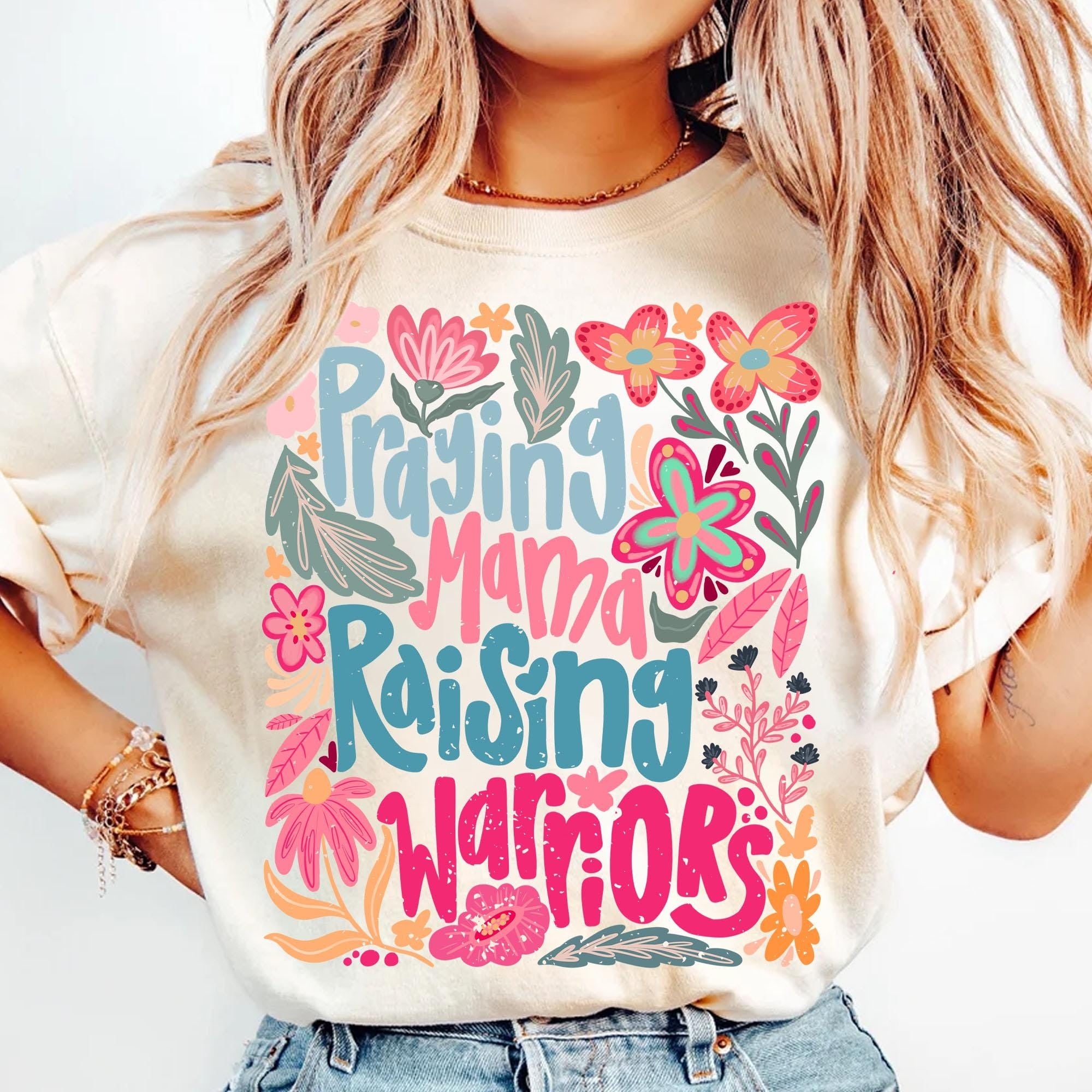 Comfort Colors® Praying Mama Raising Warriors T Shirt, Boho Floral Mama Shirt, Retro Mama Shirt, Wildflower Mama Shirt, Mother’s Day Gift