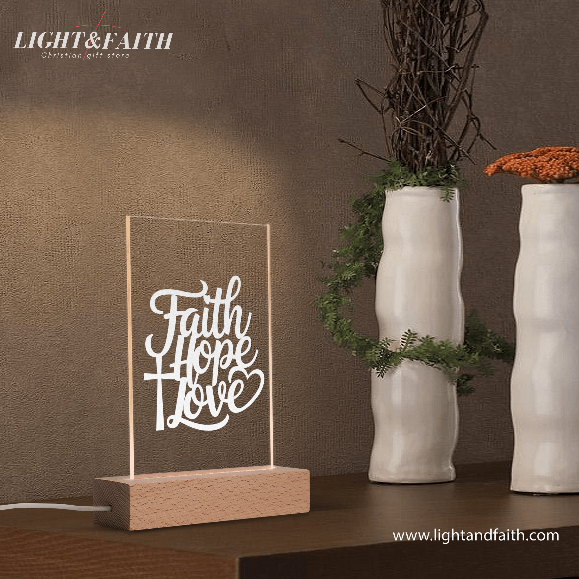 Faith, Hope, Love LED Light, Christian Bible Verse Lamp, Christian Home Decor, Faith Based Decor, Religious LED Light.  NLLAF24